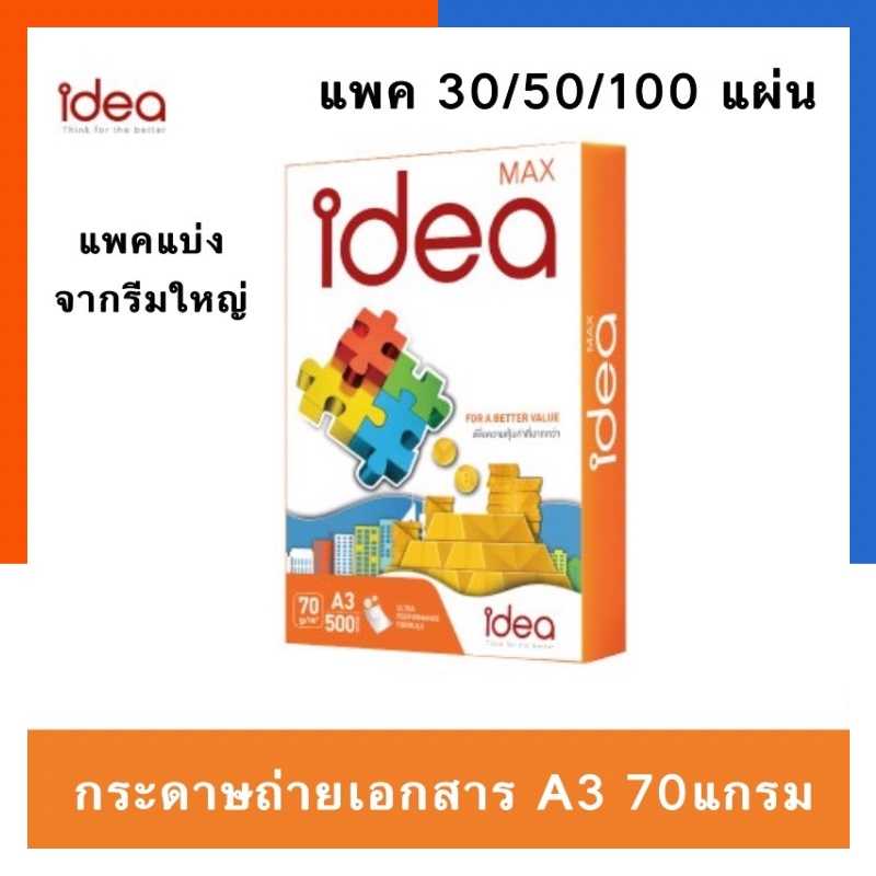 กระดาษถ่ายเอกสาร A3 80แกรม แพค 30แผ่น / 60แผ่น / 90แผ่น Idea Work ขนาด 29.7x42ซม