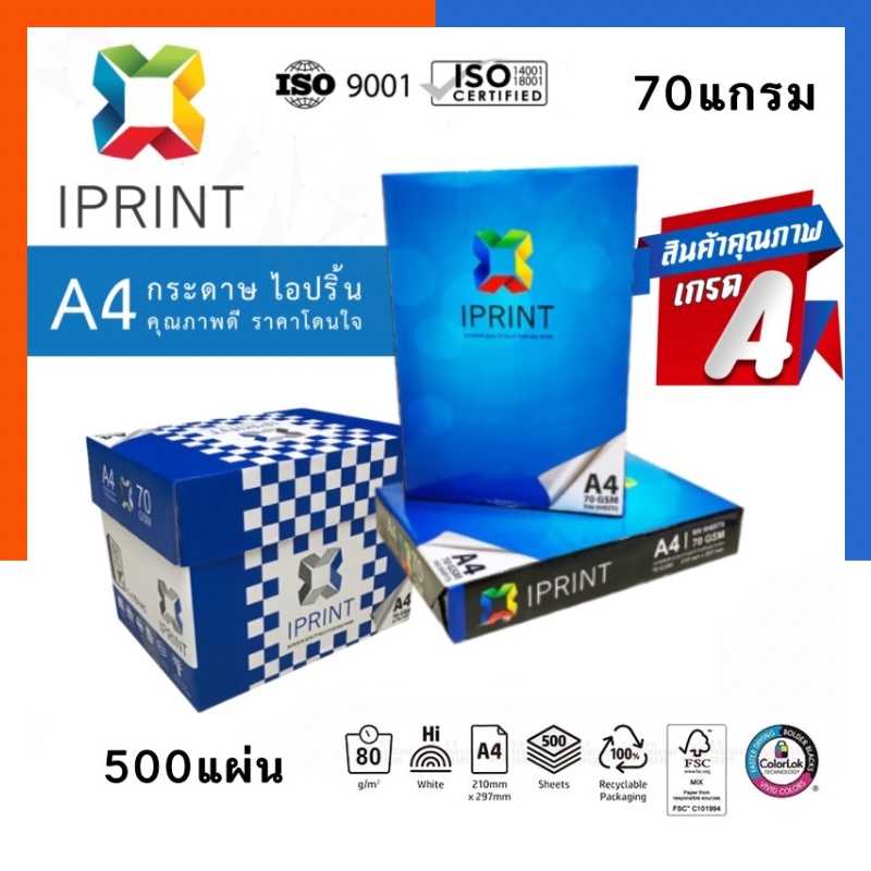 กระดาษถ่ายเอกสาร A4 IPRINT 70g สีฟ้า แพค 500 แผ่น มาตรฐาน ISO ไม่ติดเครื่อง พร้อมส่ง