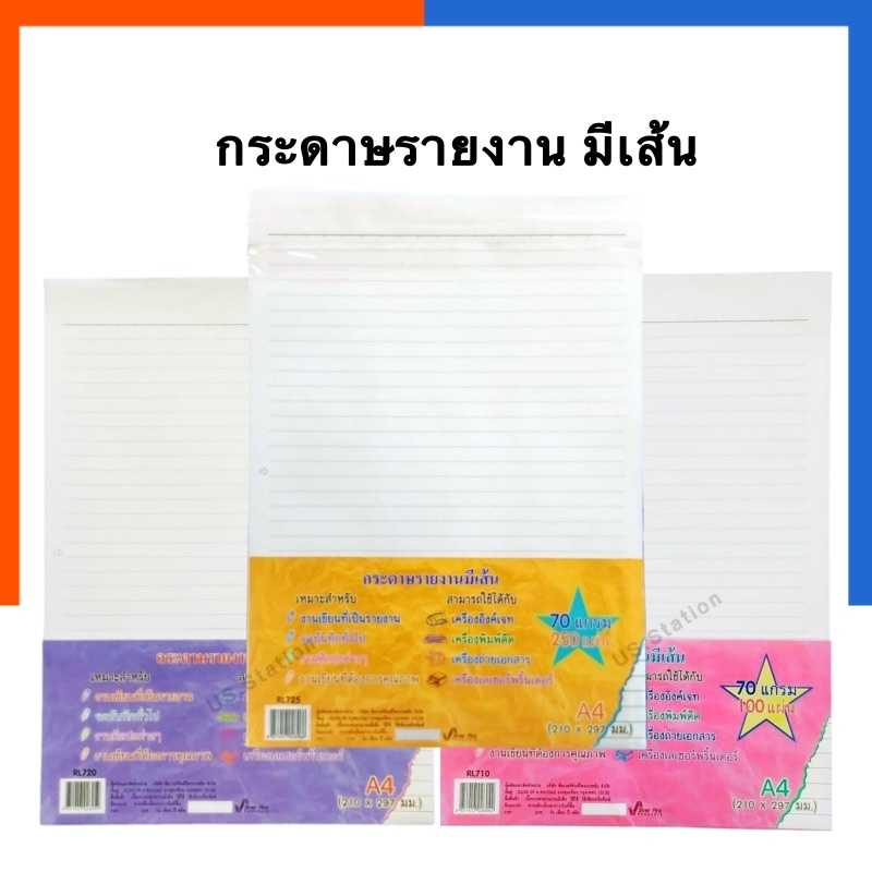 กระดาษรายงาน ไม่มีหัวกระดาษ กระดาษมีเส้น A4 มีเส้น 1 หน้า ขนาด 210x297มม. แพค 40/100/200