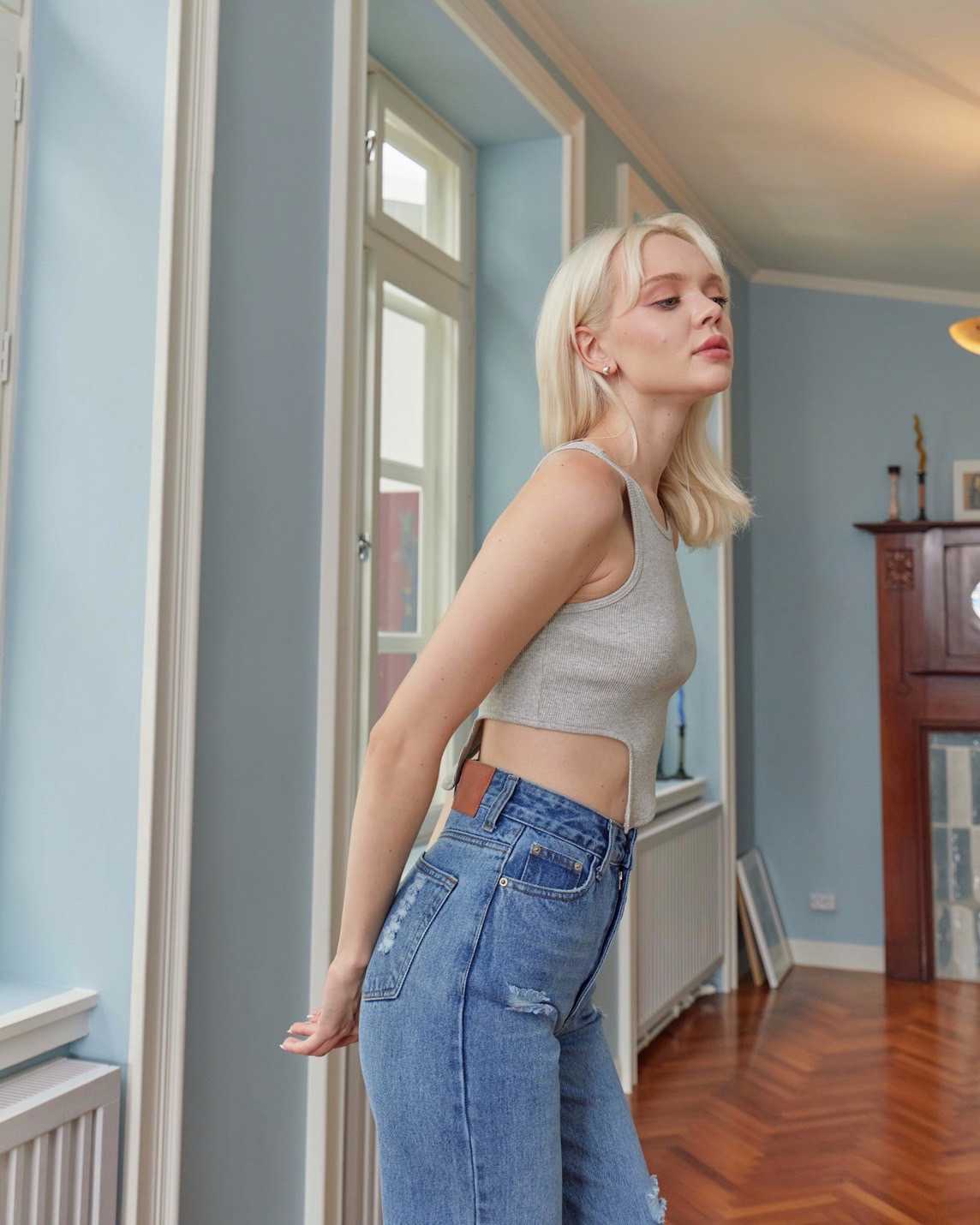 (HUSSA Styles) Jodie Top -Light grey เสื้อกล้าม ผ้ายืดร่อง
