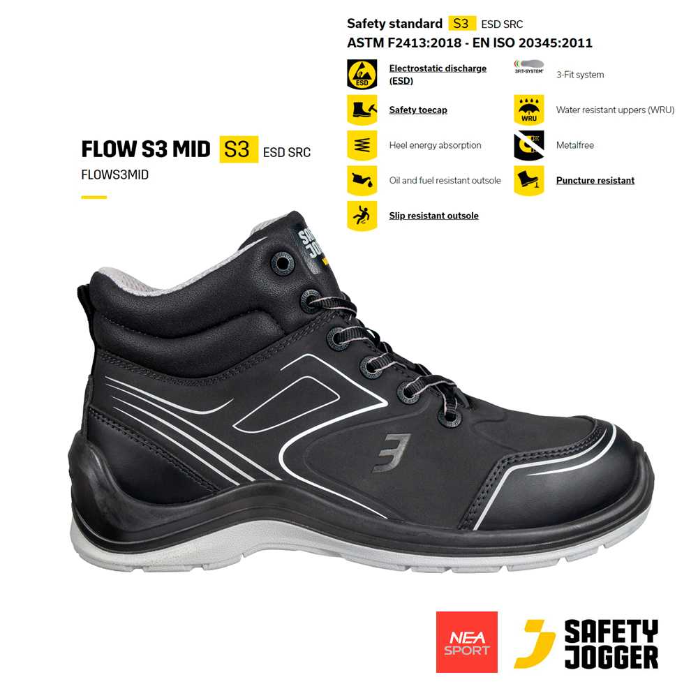SAFETY JOGGER - FLOW S3 Mid รองเท้าเซฟตี้ หัวคอมโพสิต คุณภาพสูง มาตรฐานสากล รองเท้านิรภัย