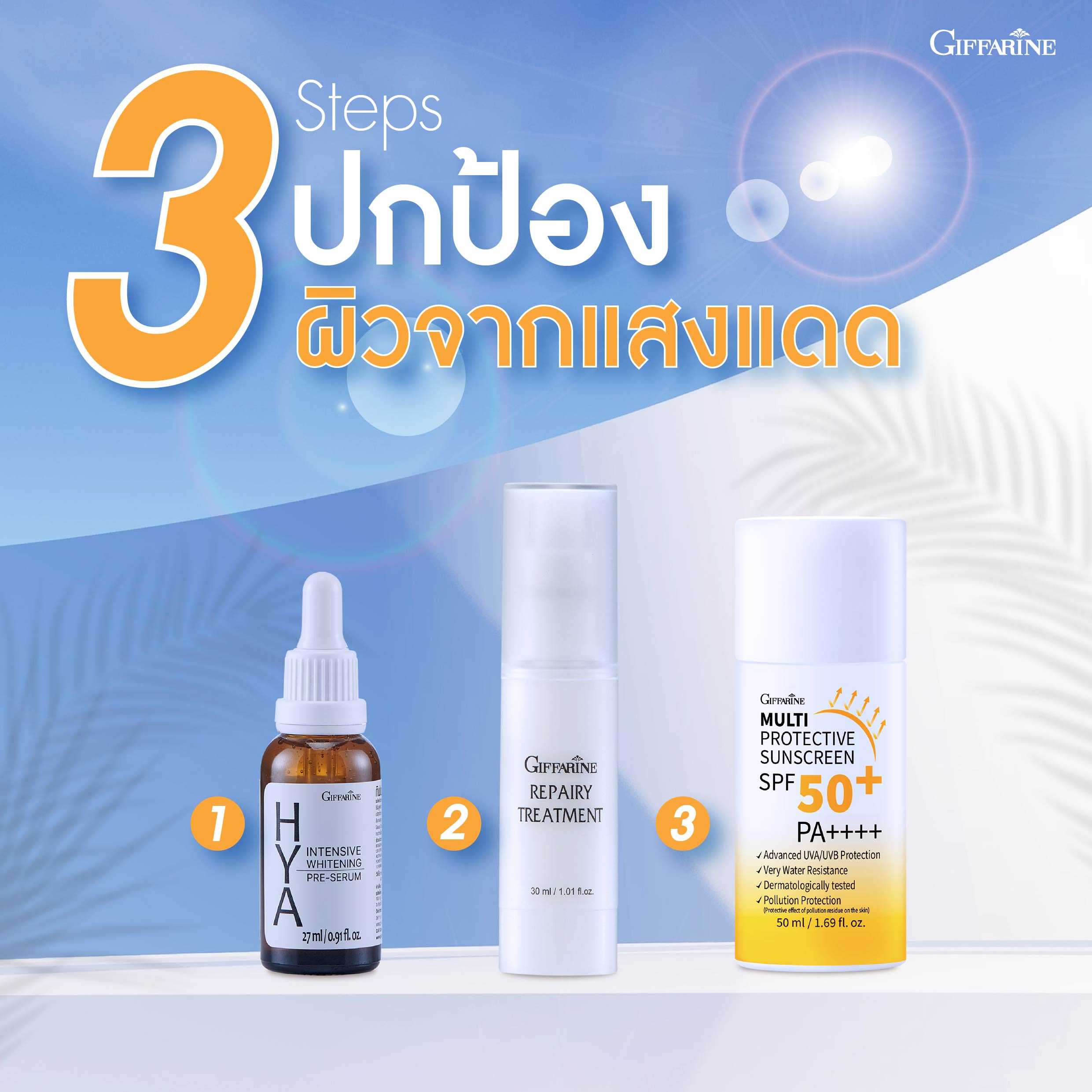 เคล็ดลับ ดูแลผิว หน้าร้อน  3 Steps บอกลาปัญหาผิวหมองคล้ำ GiffarineHYA RepairyTreatment SunScreen