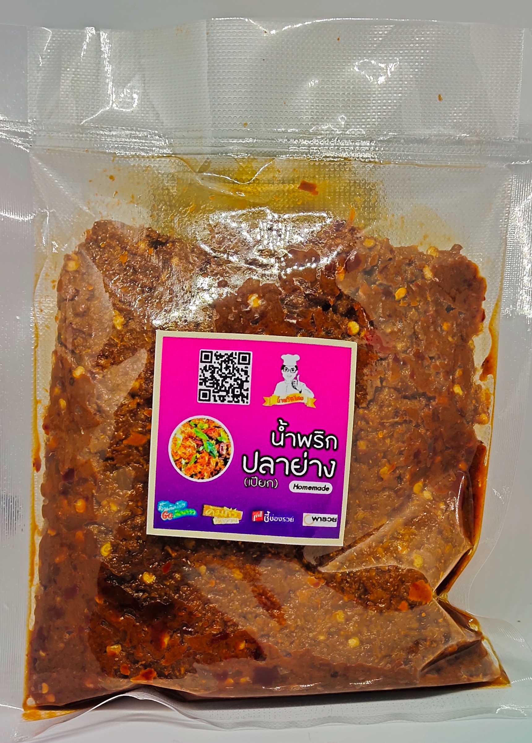 น้ำพริกปลาย่าง แบบเปียกทำจากเนื้อปลาทะเล เผ็ดแซ่บ จัดจ้าน  แพคละ100บาท(320กรัม)