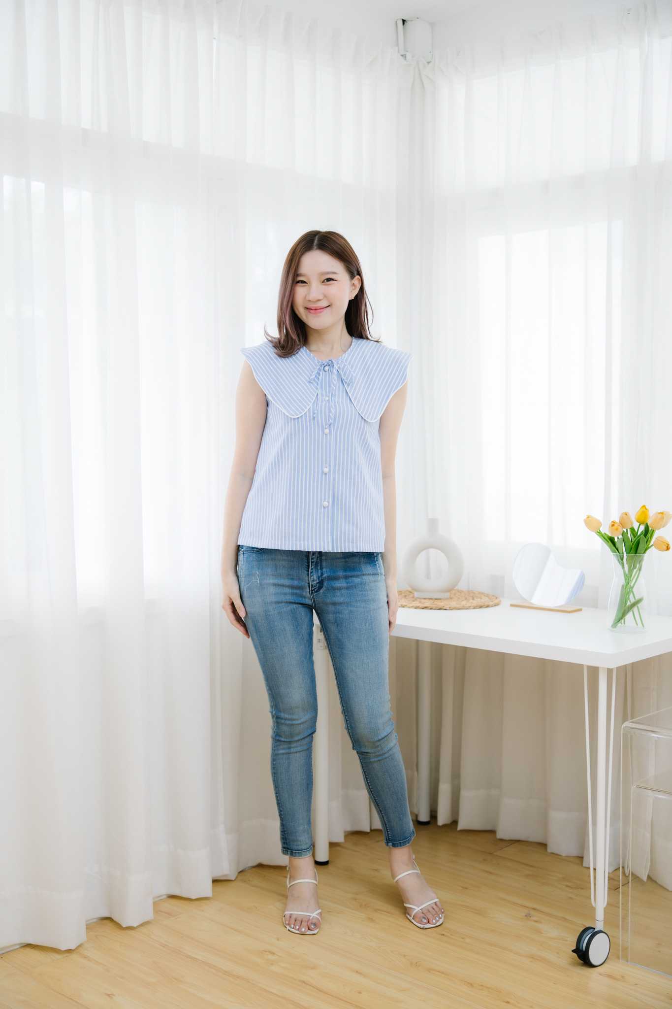 เสื้อให้นม Blue stripe butterfly top