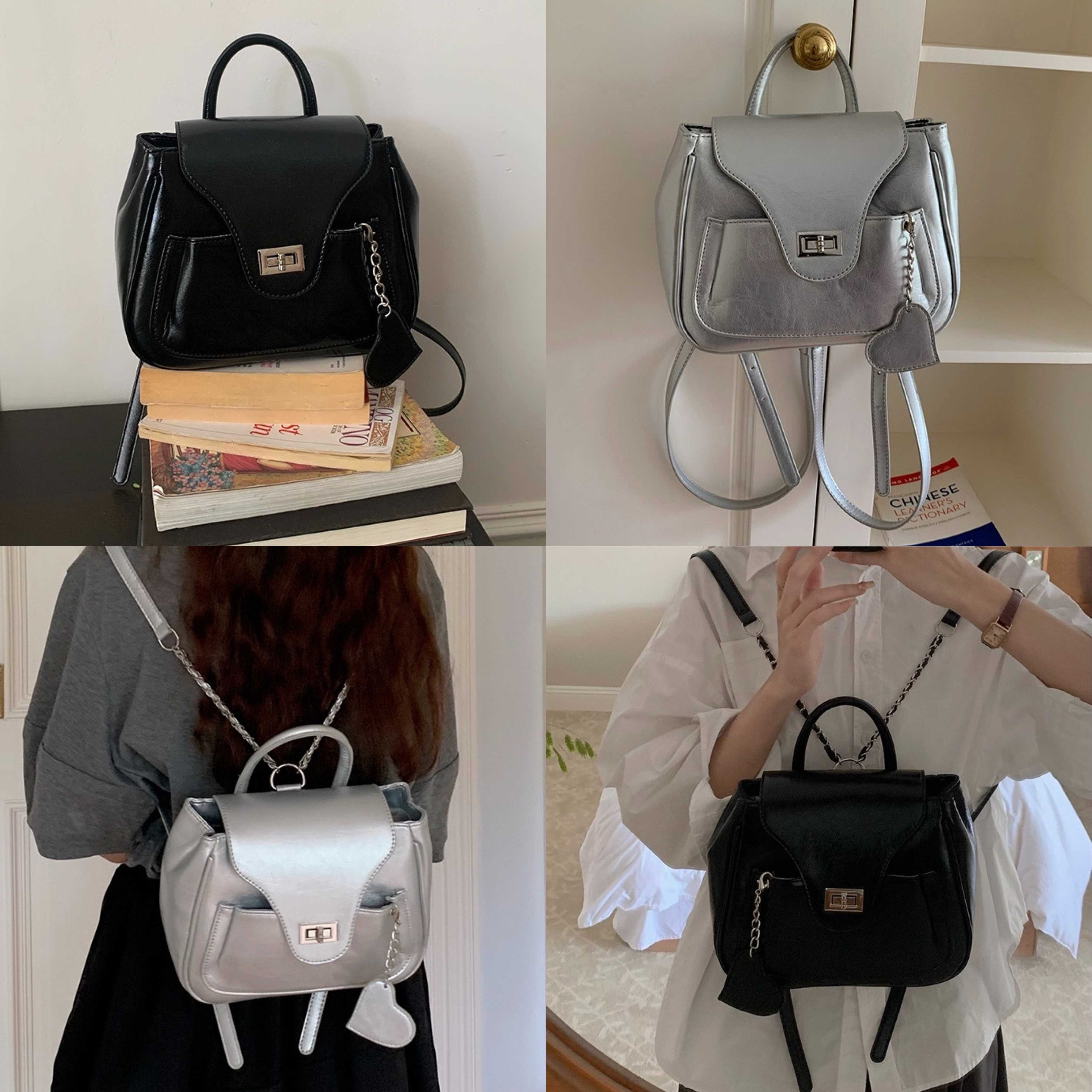 [PRE-ORDER] เป้สะพายหลัง ทรงน่ารัก วางตั้งได้ มี 2 สี ดำ,เงิน หนังนิ่ม ปรับสายได้ วางตั้งได้ | QB137