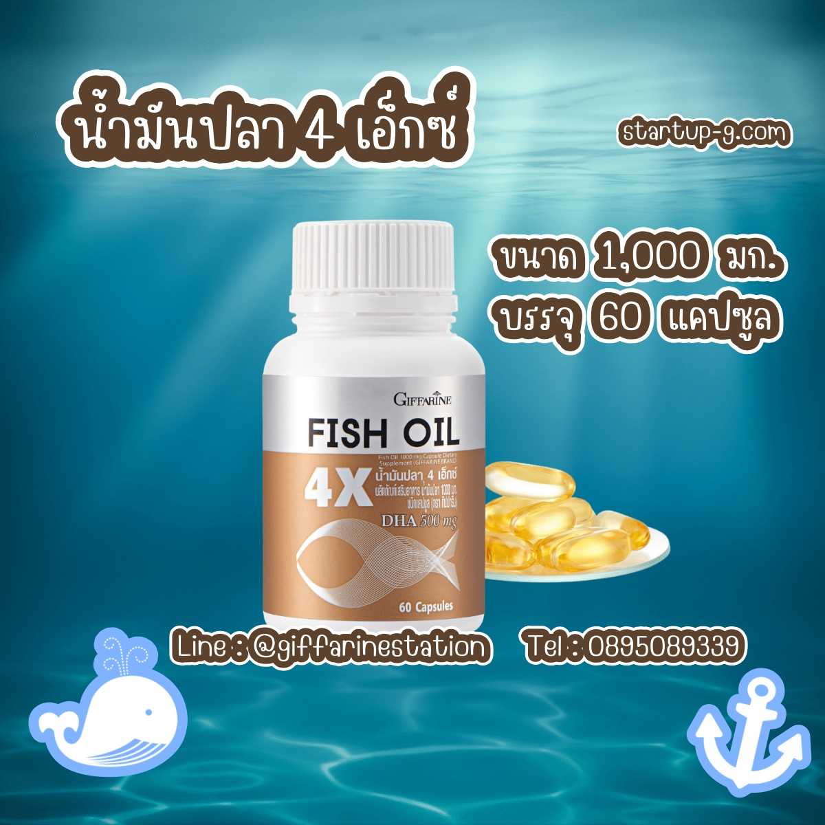 🐋 น้ำมันปลา 4 เอ็กซ์ (ขนาด 1,000 มก. บรรจุ 60 แคปซูล) (อีพีเอ) 100 มก. (ดีเอชเอ) 500 มก. 🐋