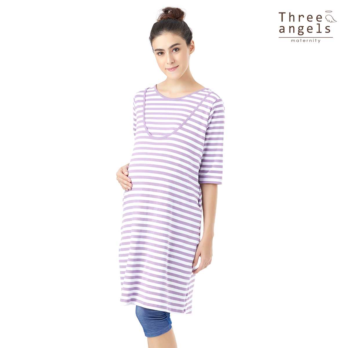 Maternity Dress - ชุดเดรสลายริ้วให้นมแบบ3ส่วนแขนยาว ลด ราคา50%