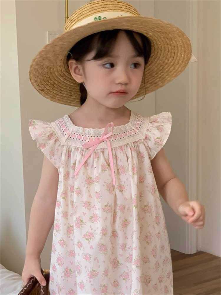 KR57 ชุดเดรสลูกสาว สีชมพู ลายดอกไม้