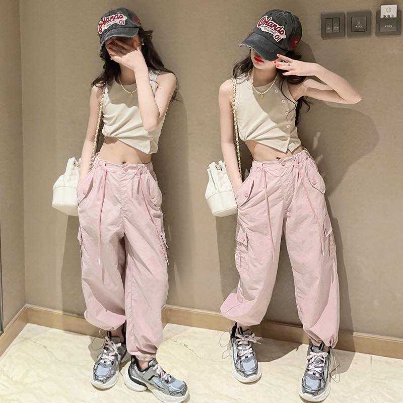 KR59 กางเกงcargo คาร์โก้ลูกสาว สีชมพู ผ้าร่ม งานเท่