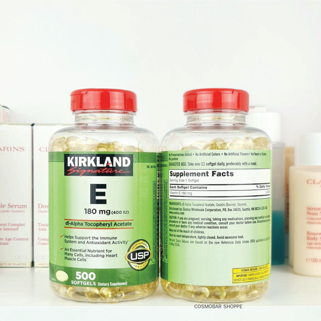 [หมดอายุ 09/2026] ชะลอการเสื่อมของเซลล์ผิวหนัง Kirkland - E 180mg 400IU 500 softgels.