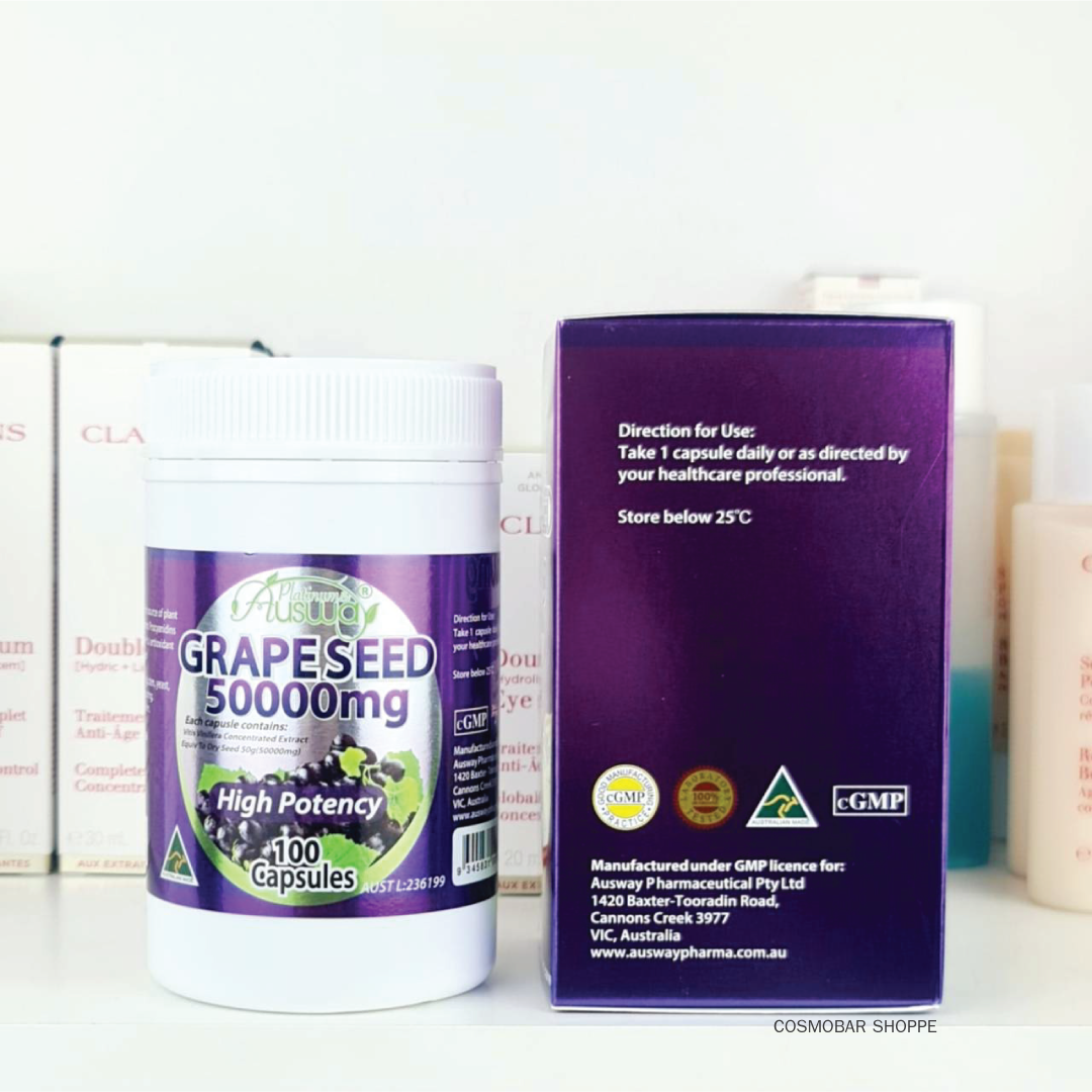[หมดอายุ 07/2025] ลดจุดด่างดำให้ผิวใส Ausway - Grape Seed 50000mg High Potency 100 capsules.