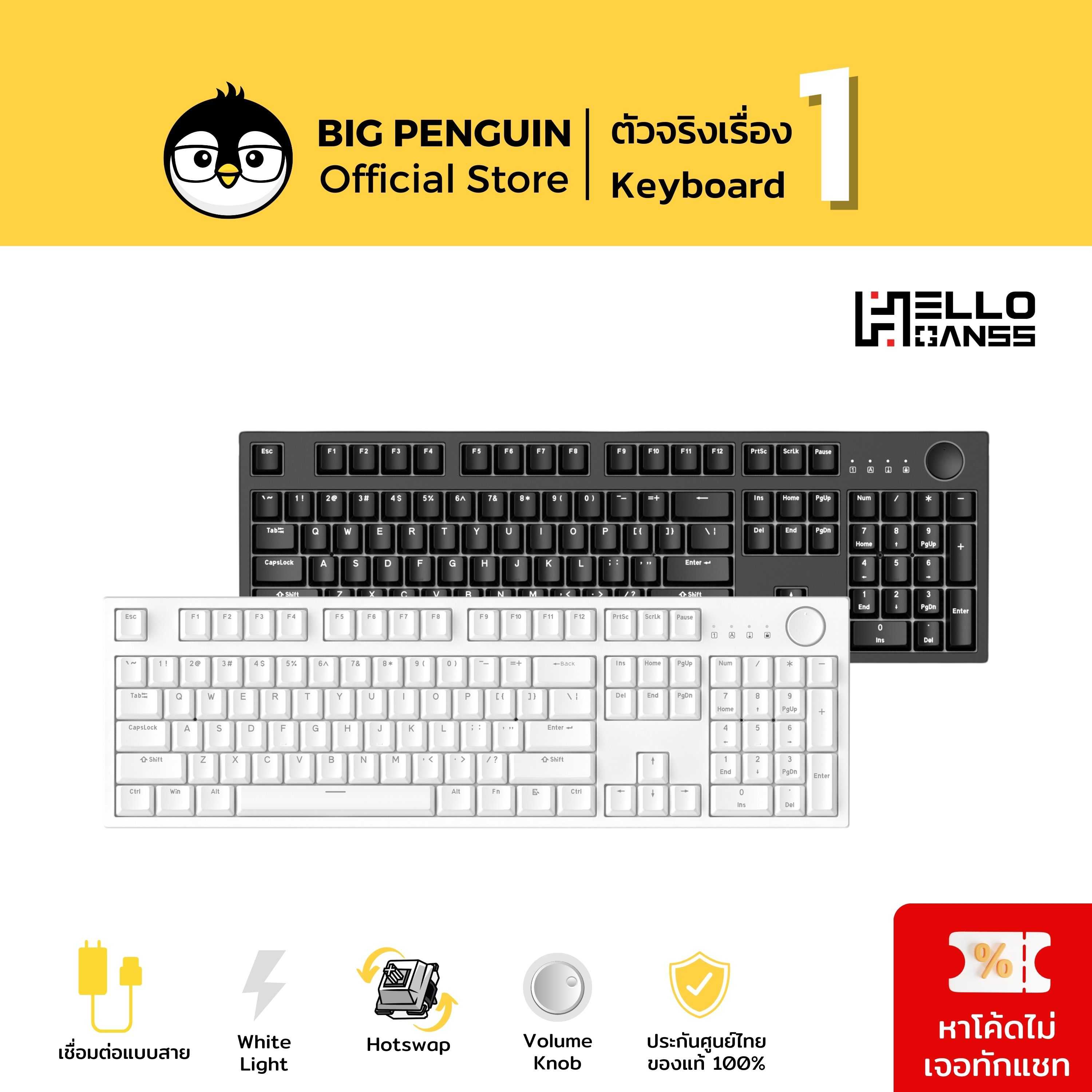 Hello Ganss GS3104C (รุ่นต่อสาย) Hotswap White Light Thai Mechanical Keyboard helloganss