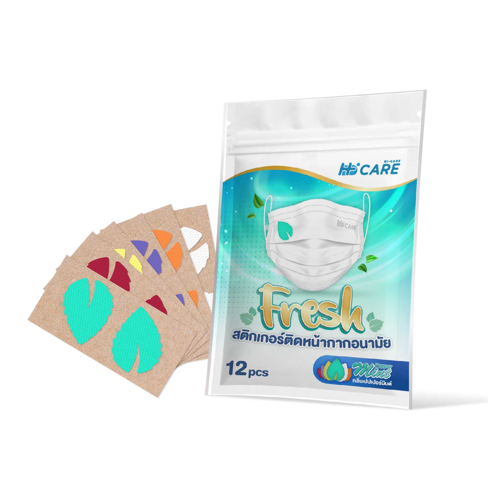 Hi-Care Fresh  Pepper Mint  แผ่นหอมติดหน้ากากอนามัย (รูปใบมินต์ กลิ่นเปปเปอร์มินต์)  24 ซอง/กล่อง