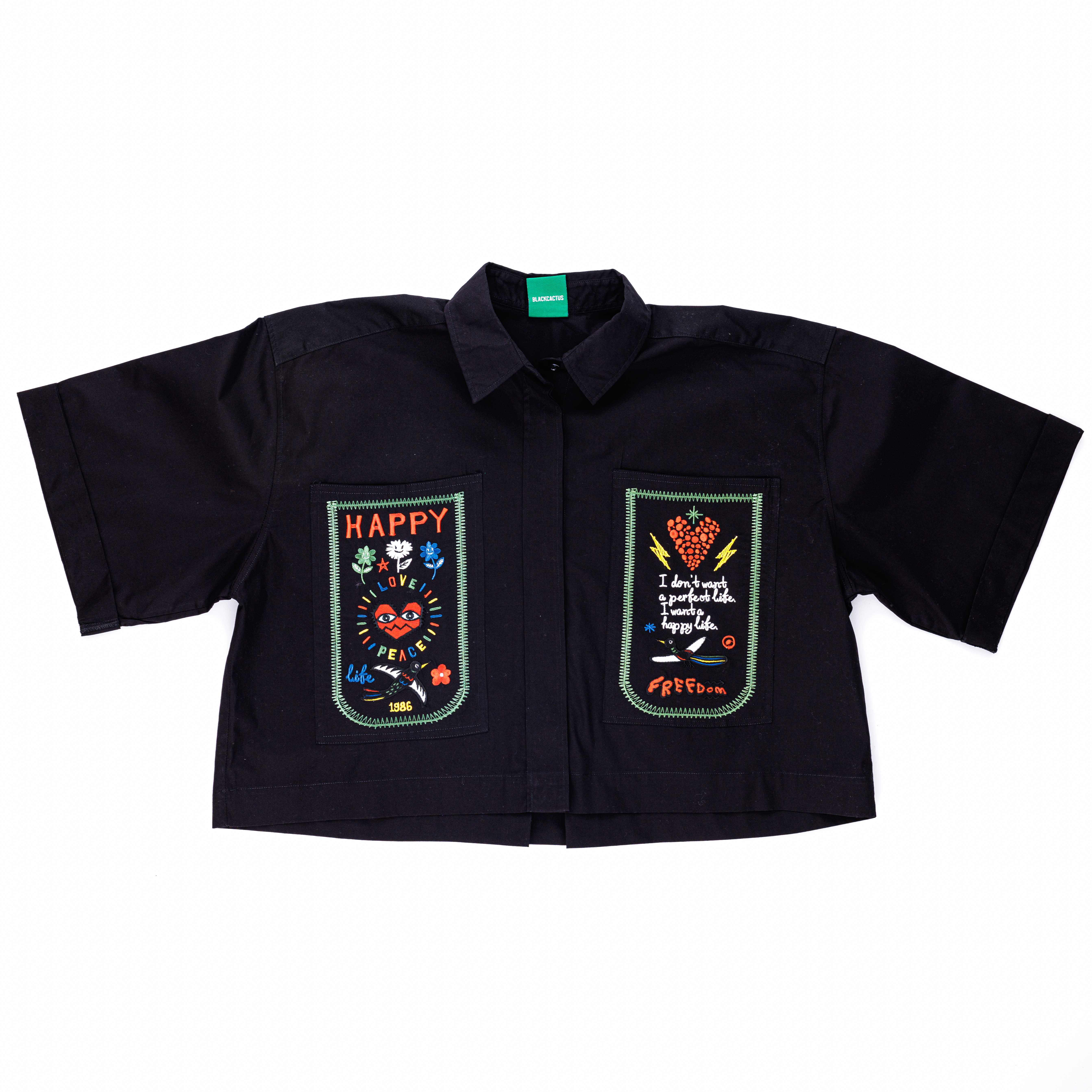 bs0195 BLACK CROP TOP SHIRT | HAPPY POCKET