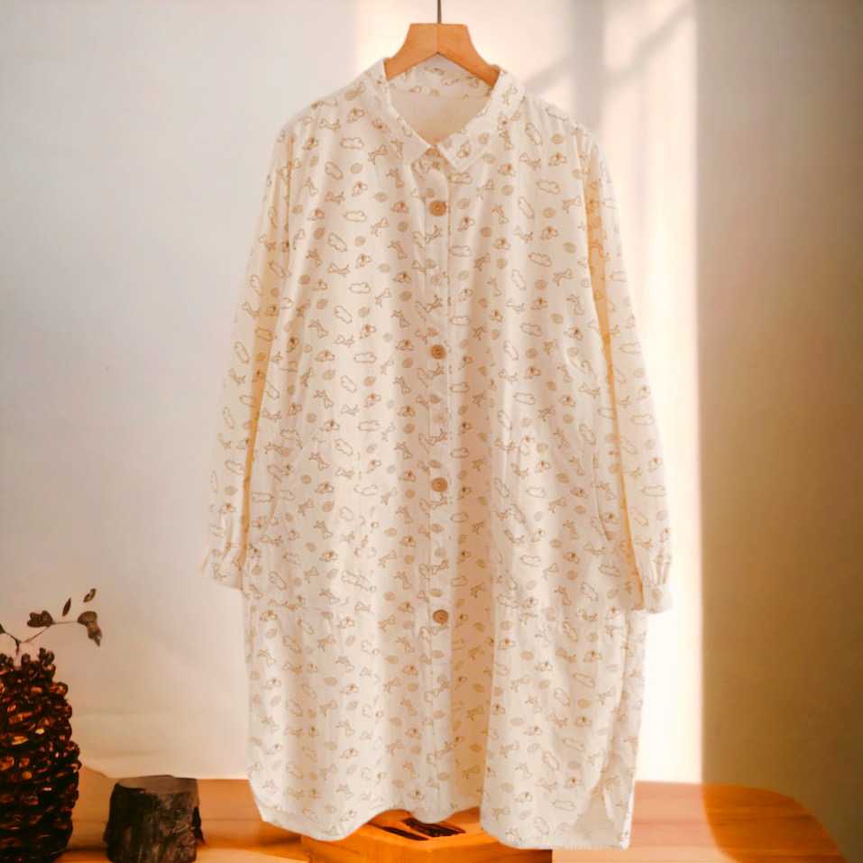 เชิ้ตยาวทรงoversize ลาย animals น้อยน่ารักน่าใส่ ผ้าดีมากเนื้อผ้านิ่มนุ่มใส่สบายมากๆ - สีครีม