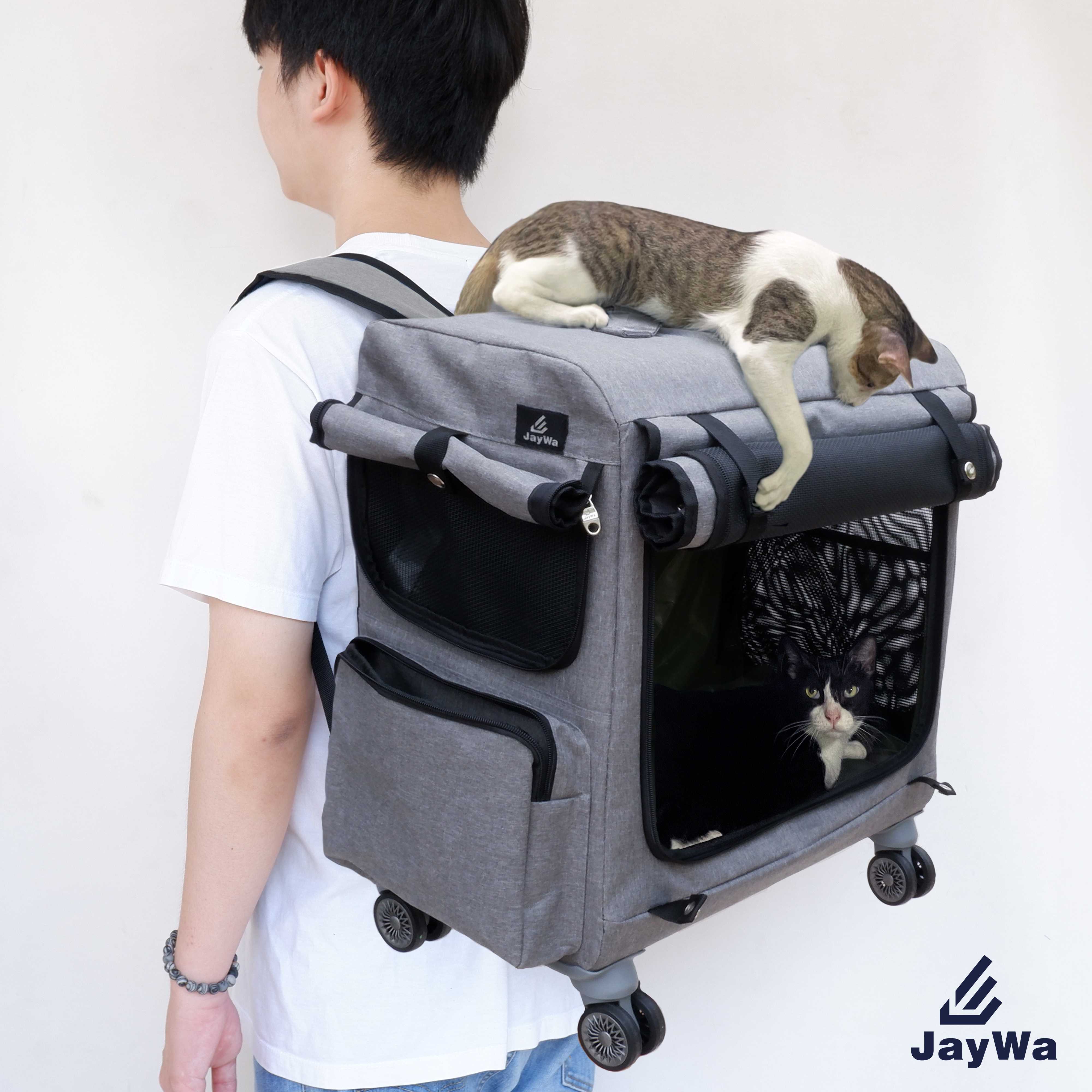 JAYWA รุ่น BIGDUO-L กระเป๋าแมวล้อลาก 4 ล้อหมุน360องศากระเป๋าแมวล้อลากสะพายได้ กระเป๋าเป้แมวมีล้อ