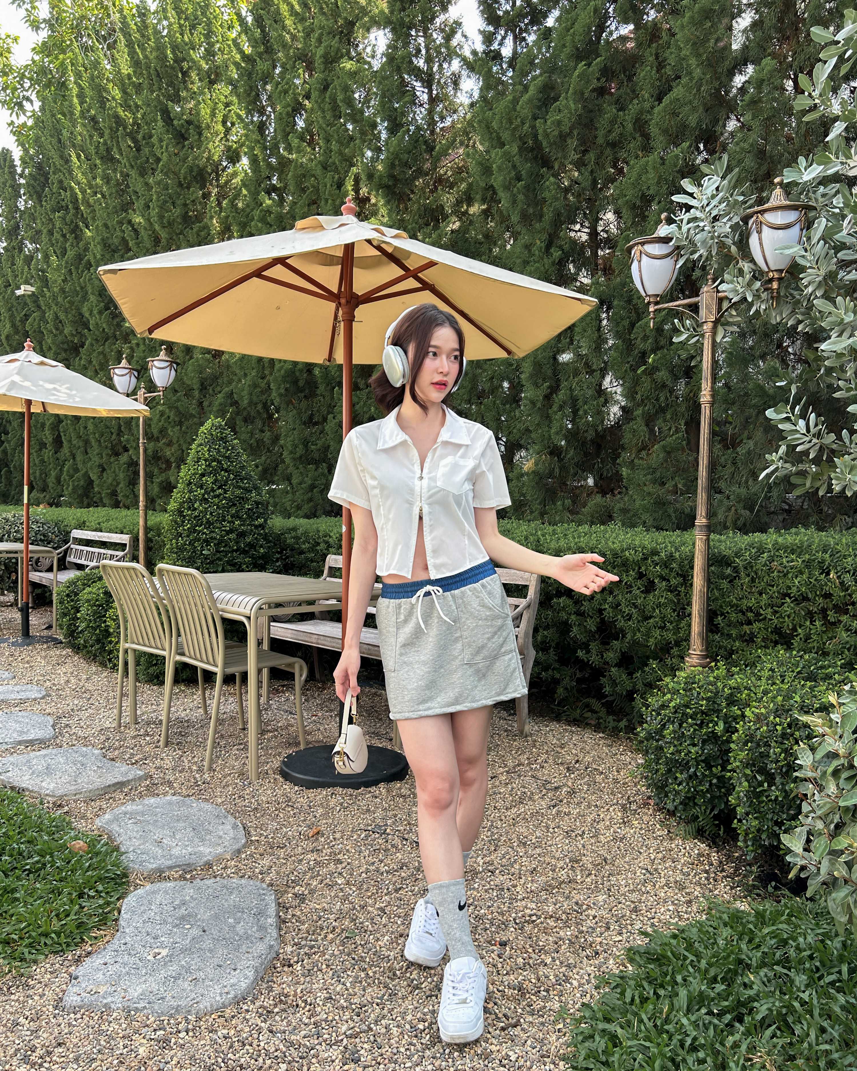 Denim smocked waist miniskirt - grey