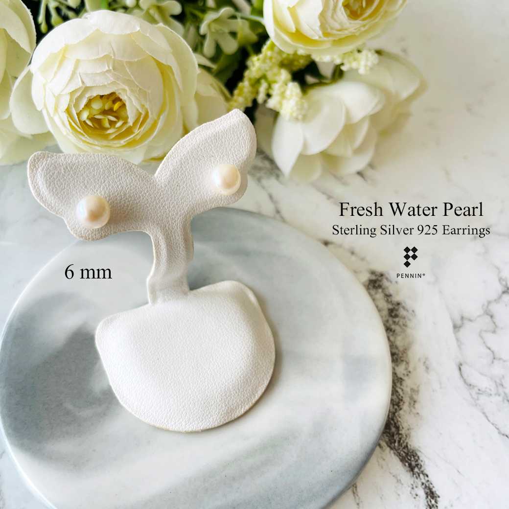 E22533 ต่างหูไข่มุกเงินแท้ ไข่มุกน้ำจืด สีขาวน้ำนม ขนาด 6mm แบบเม็ดเดี่ยว หวานน่ารัก ใส่ได้ทุกโอกาส