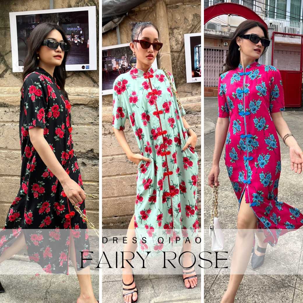 Dress qipao fairy Rose เดรสกี่เพ้าลายกุหลาบ