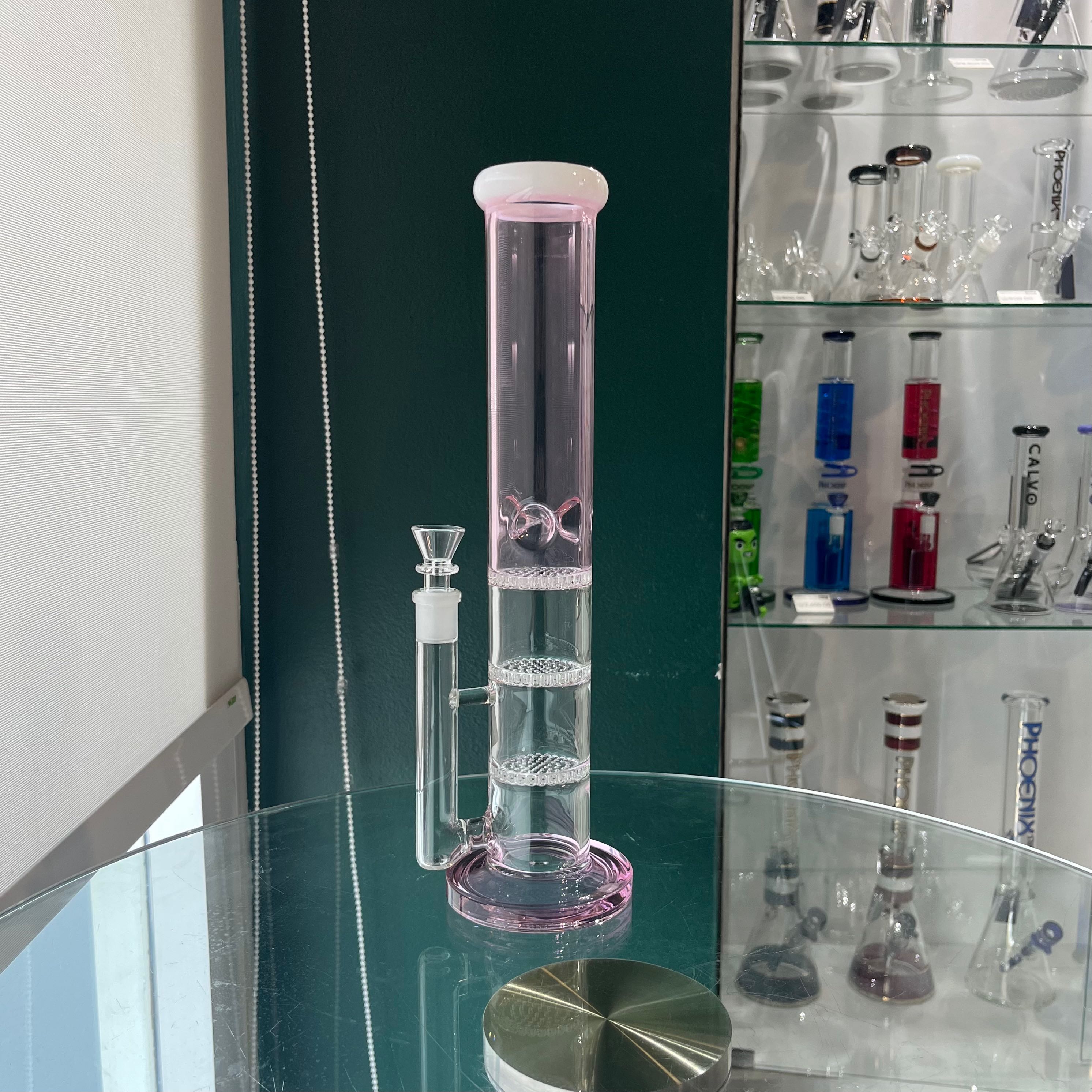 บ้องแก้ว สูง35cm พร้อมกรองรังผึ้งสองชั้น Pink bong with double honeycomb perc