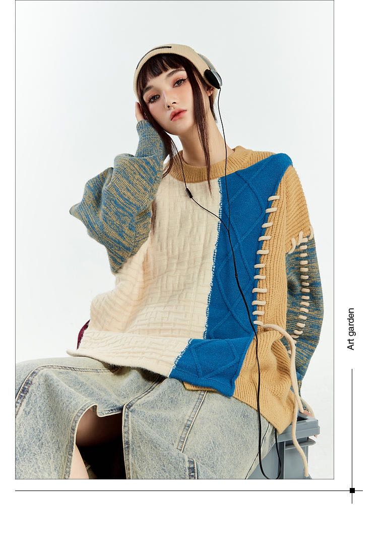 Pre-Order | American retro stitched sweater design niche soft and glutinous color Japanese lazy swea