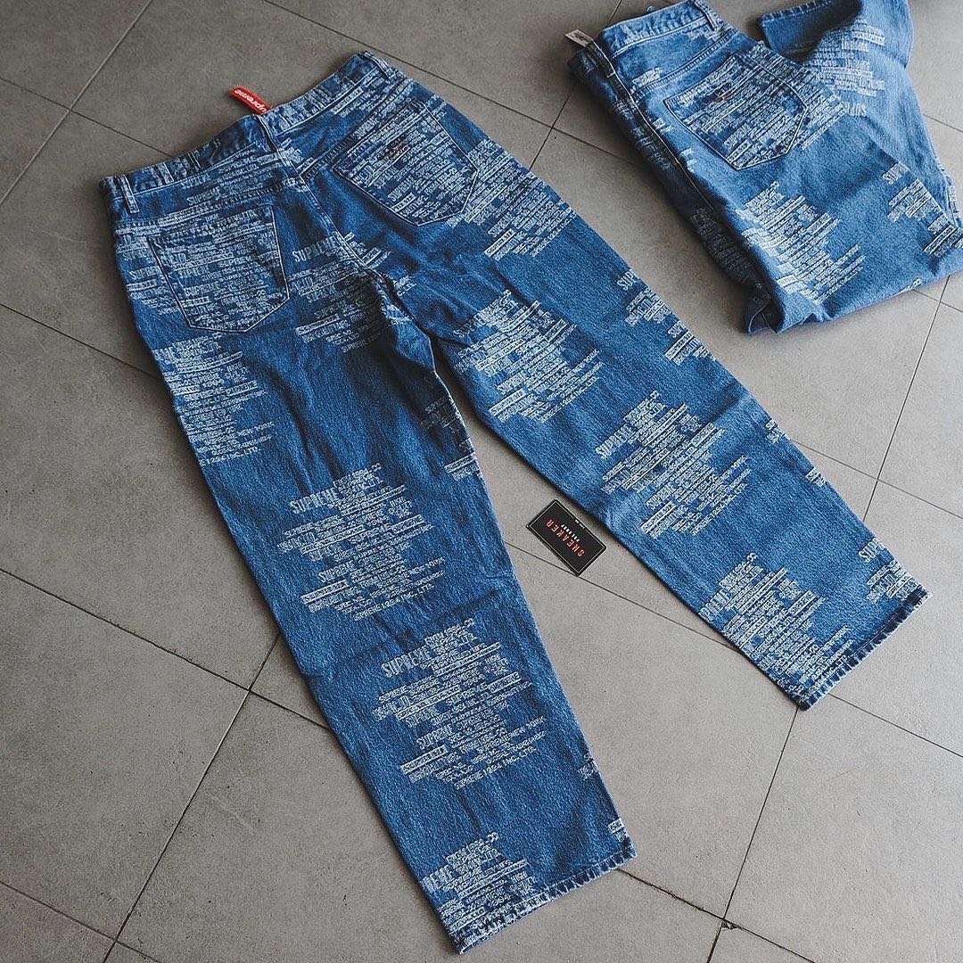 Supreme Trademark Jacquard Baggy Jean Washed Blue | LINE SHOPPING