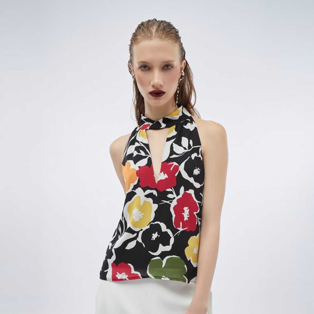 เสื้อเบลาส์แต่งคล้องคอลายฟลอรัล | Floral Print Halterneck Top | 06074