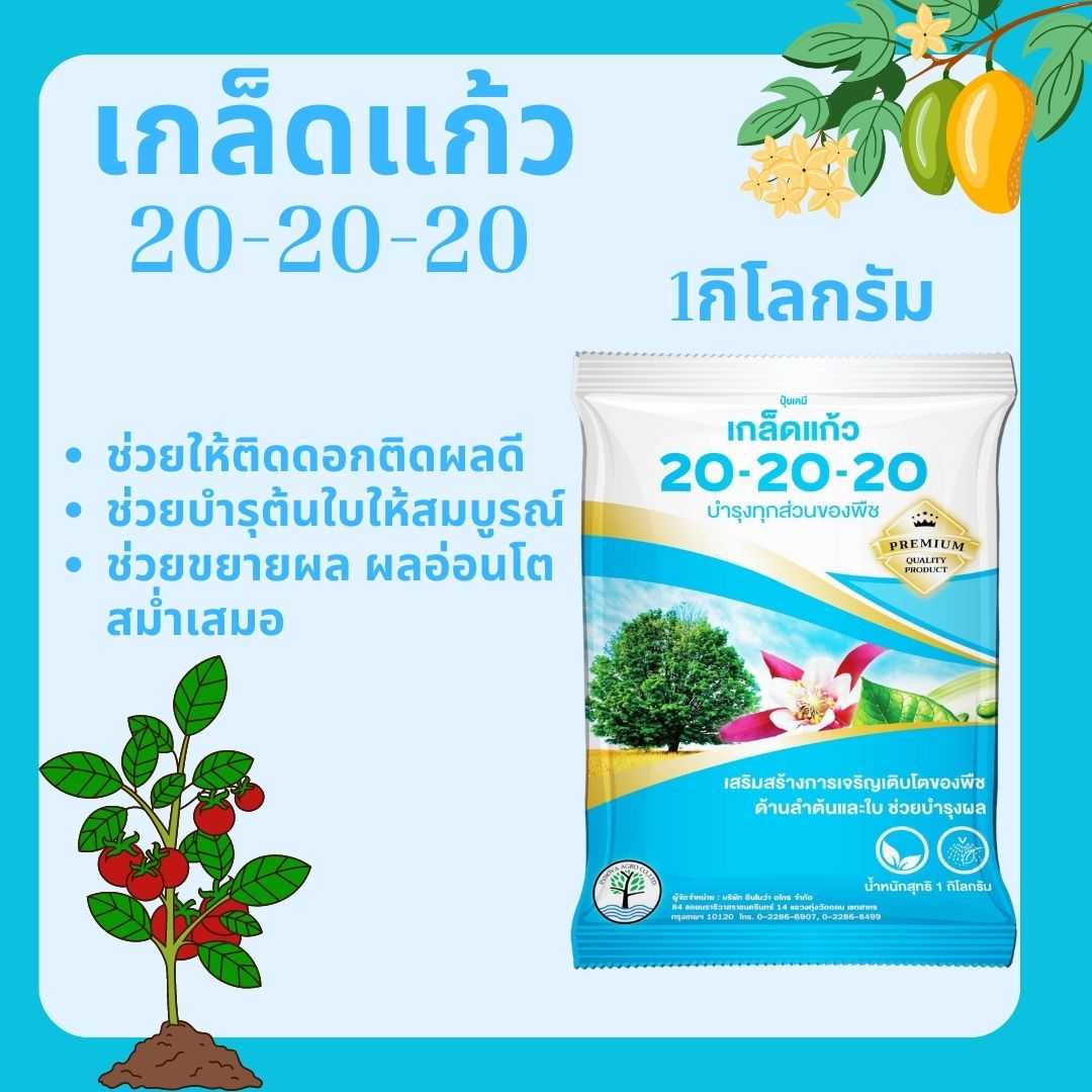 ปุ๋ยเกล็ด เกล็ดแก้ว 20-20-20  1กก. ช่วยให้ติดดอกผล ช่วยให้ต้นใบให้สมบูรณ์  ช่วยขยายผล ผลอ่อนโตไว