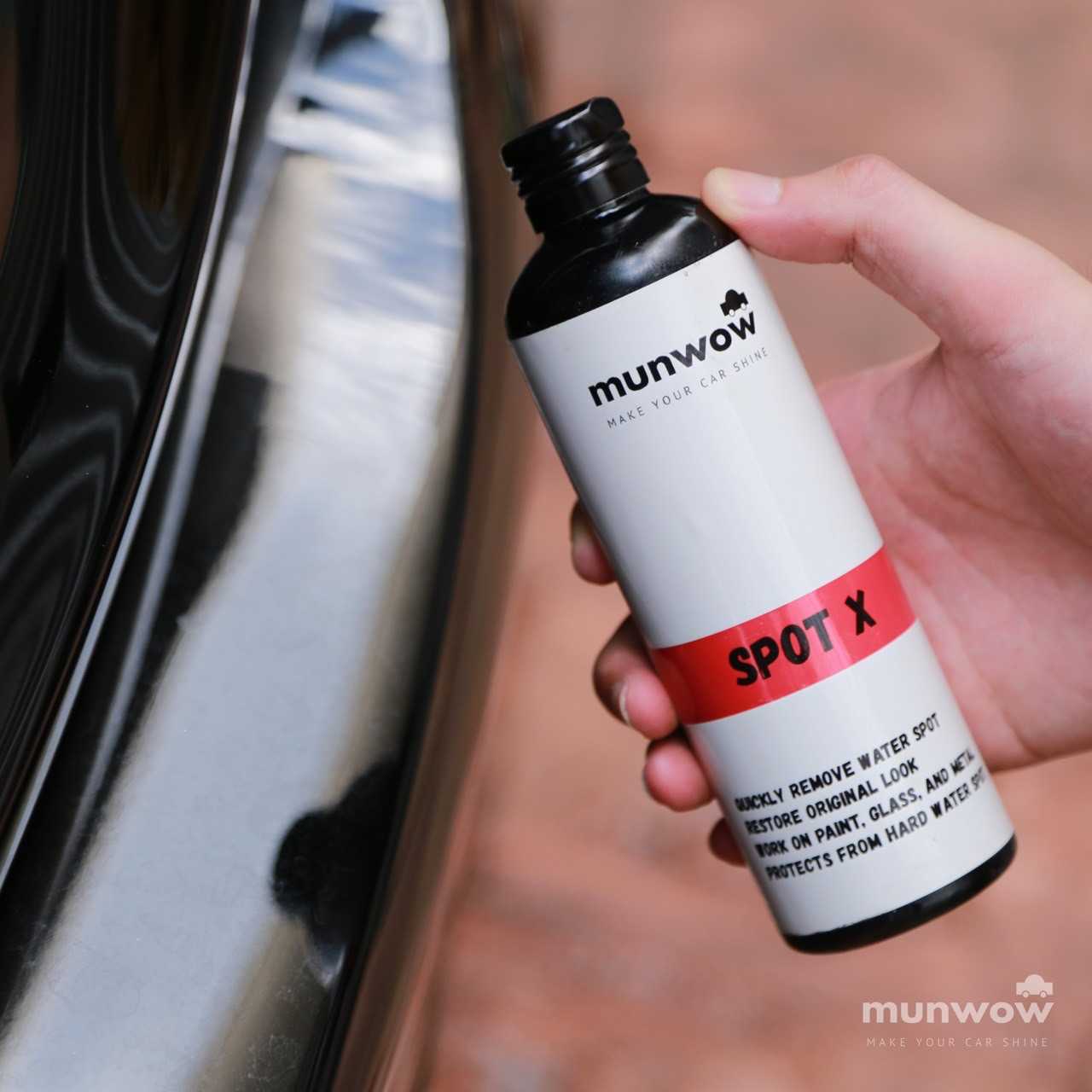 Munwow Spot X (ผลิตภัณฑ์ขจัดคราบน้ำบนกระจกและสีรถ)