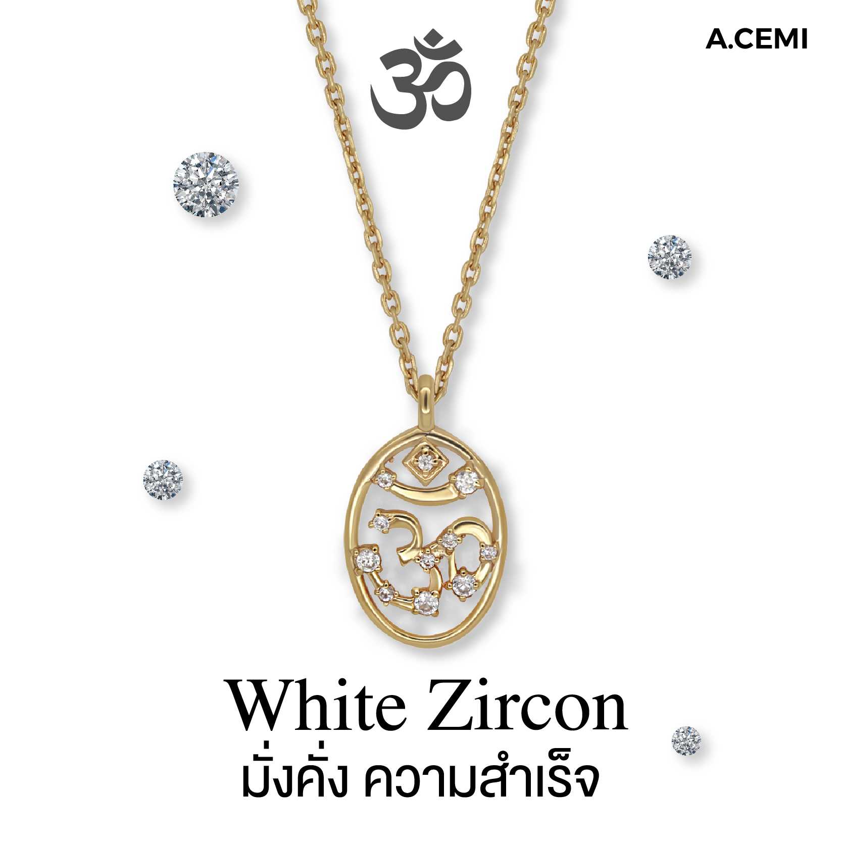 A.CEMI Om White Zircon Necklace สร้อยเงินแท้ พลอยแท้ ชุบทอง 18K