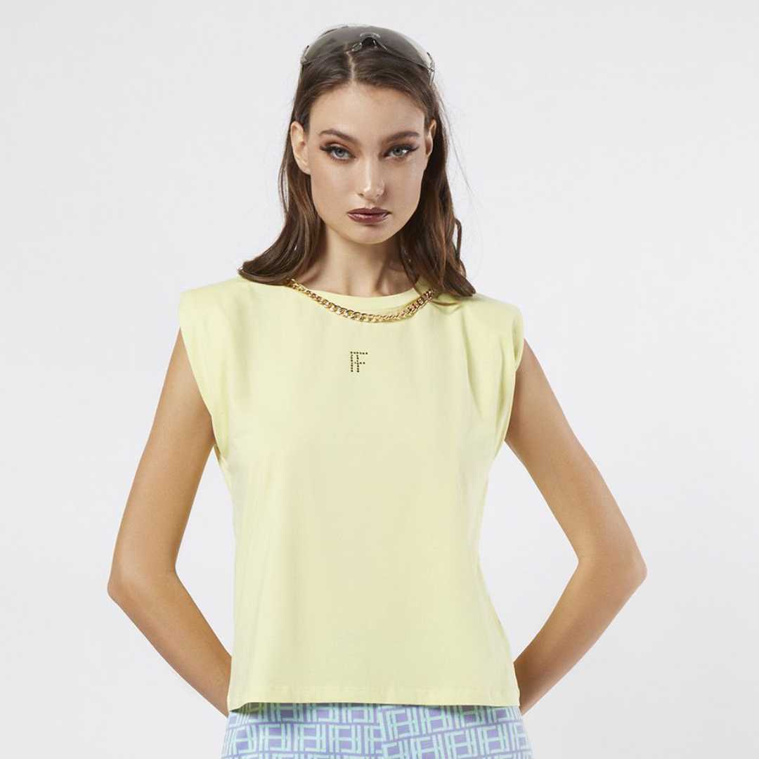 เสื้อทีเชิ้ตแขนกุดแต่งโซ่ สีเหลืองแมงโก้ | Sleeveless Tee Shirt with Chain Decor | 06188