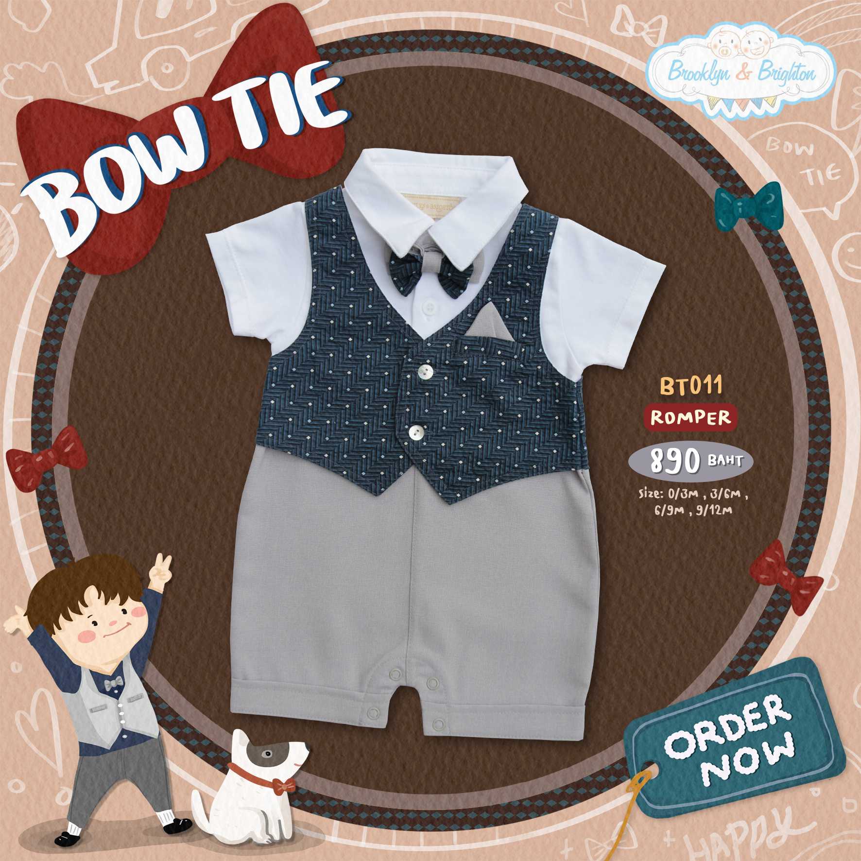 Bow Tie / ชุดออกงาน ชุดสูทเด็ก - BT011 - Romper ลายจุดกรม/เทาอ่อน ขายดีตลอดกาล