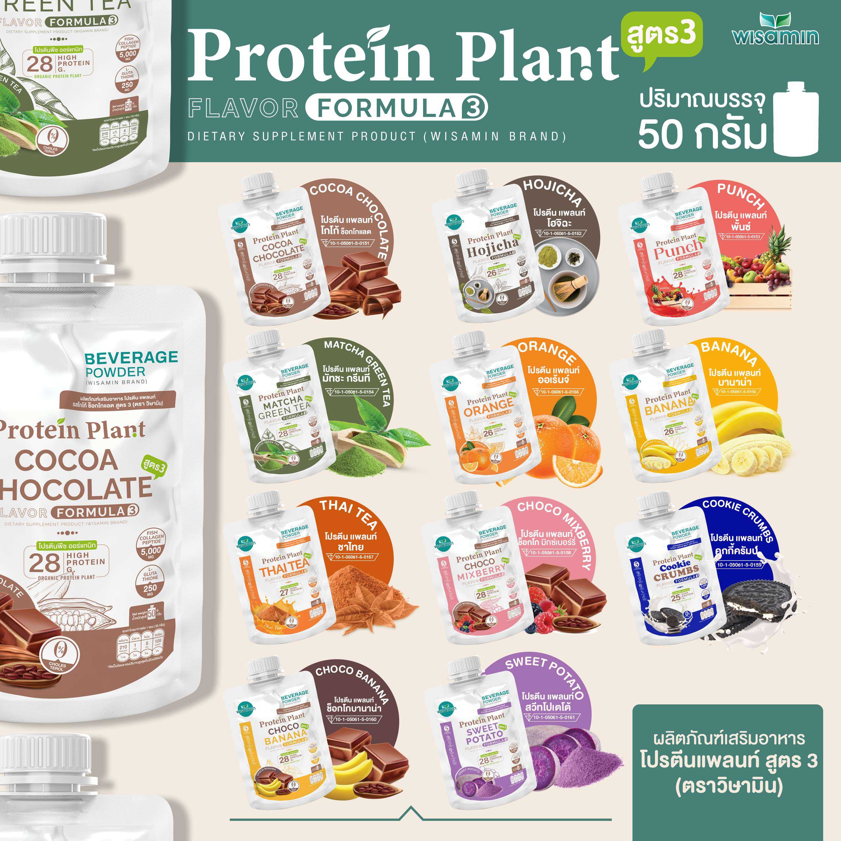 PROTEIN PLANT สูตร 3 โปรตีนแพลนท์ 11 รสชาติ (ชนิดซอง 50 กรัม) โปรตีนจากพืช 5 ชนิด