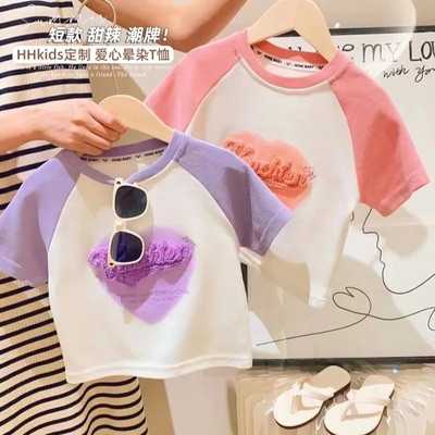 RA66-67 เสื้อยืดเด็กผู้หญิง คอกลม แขนสั้น ลายหัวใจ แฟชั่นY2K