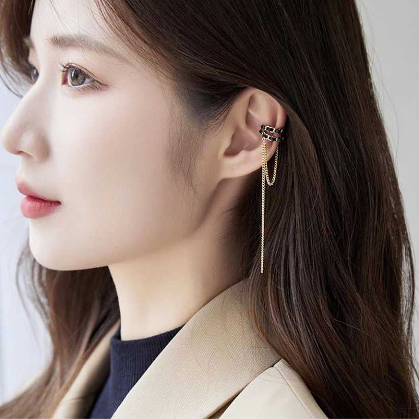 Earcuff ต่างหูหนีบ ต่างหูหนีบมีโซ่ ต่างหูยาวใส่ข้างเดียว ต่างหูสีดำ ต่างหูยาวใส่ออกงาน ◼ ส่งฟรี ◼