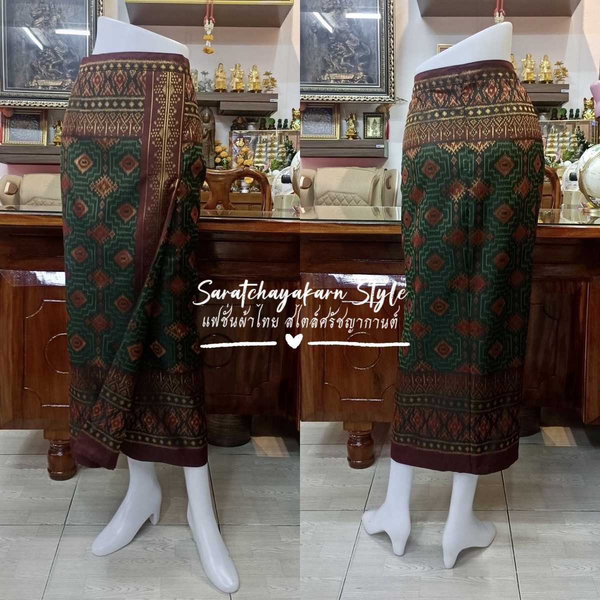 ผ้าถุงป้ายสำเร็จซิปหลัง ผ้าไหมมัดหมี่ ลายนาคี สีเขียว  งานอัดผ้ากาวเรียบร้อย ✂️รับตัดตามไซส์✂️