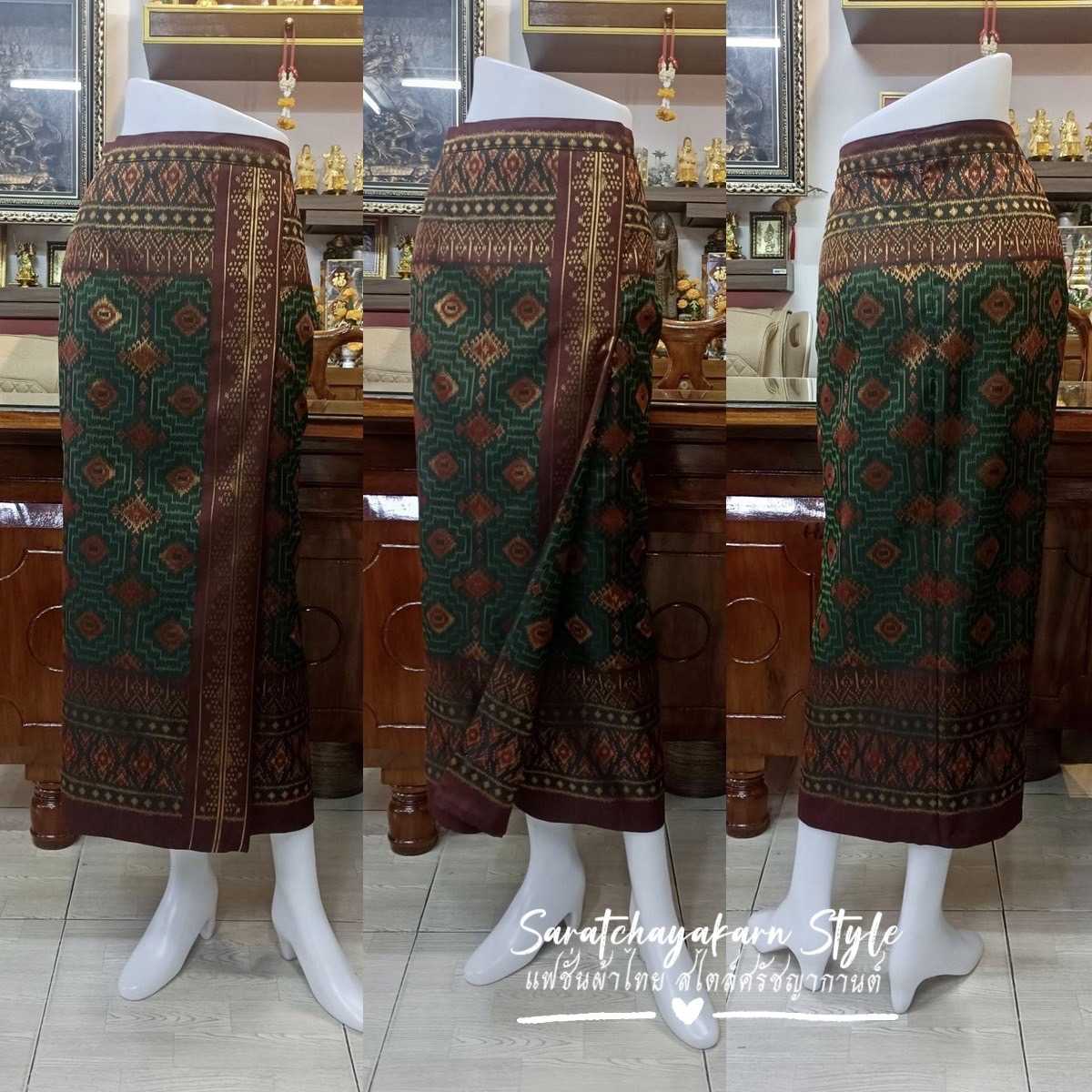 ผ้าถุงป้ายสำเร็จซิปหลัง ผ้าไหมมัดหมี่ ลายนาคี สีเขียว  งานอัดผ้ากาวเรียบร้อย ✂️รับตัดตามไซส์✂️