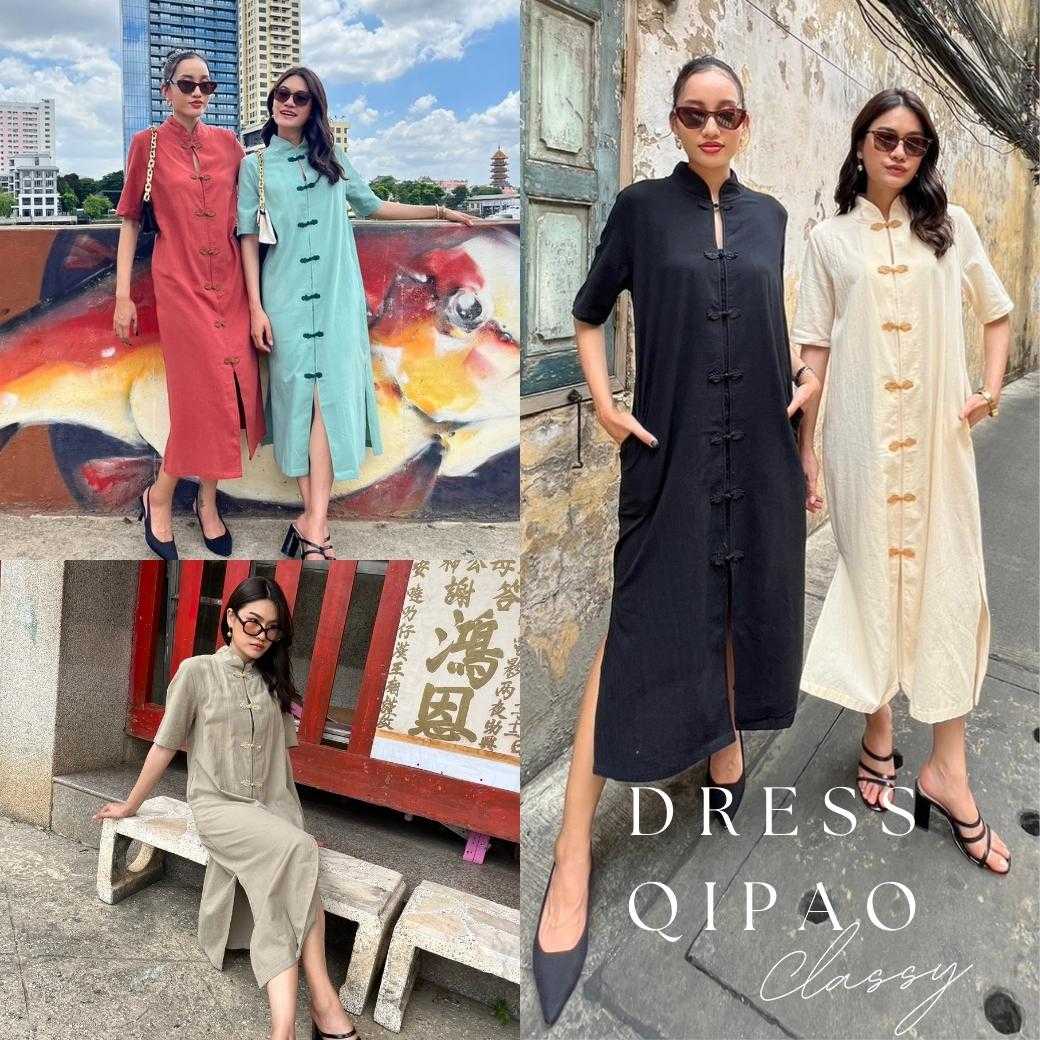 Dress qipao classy เดรสกี่เพ้าผ้าฝ้ายคอตตอนสีพื้น5สี