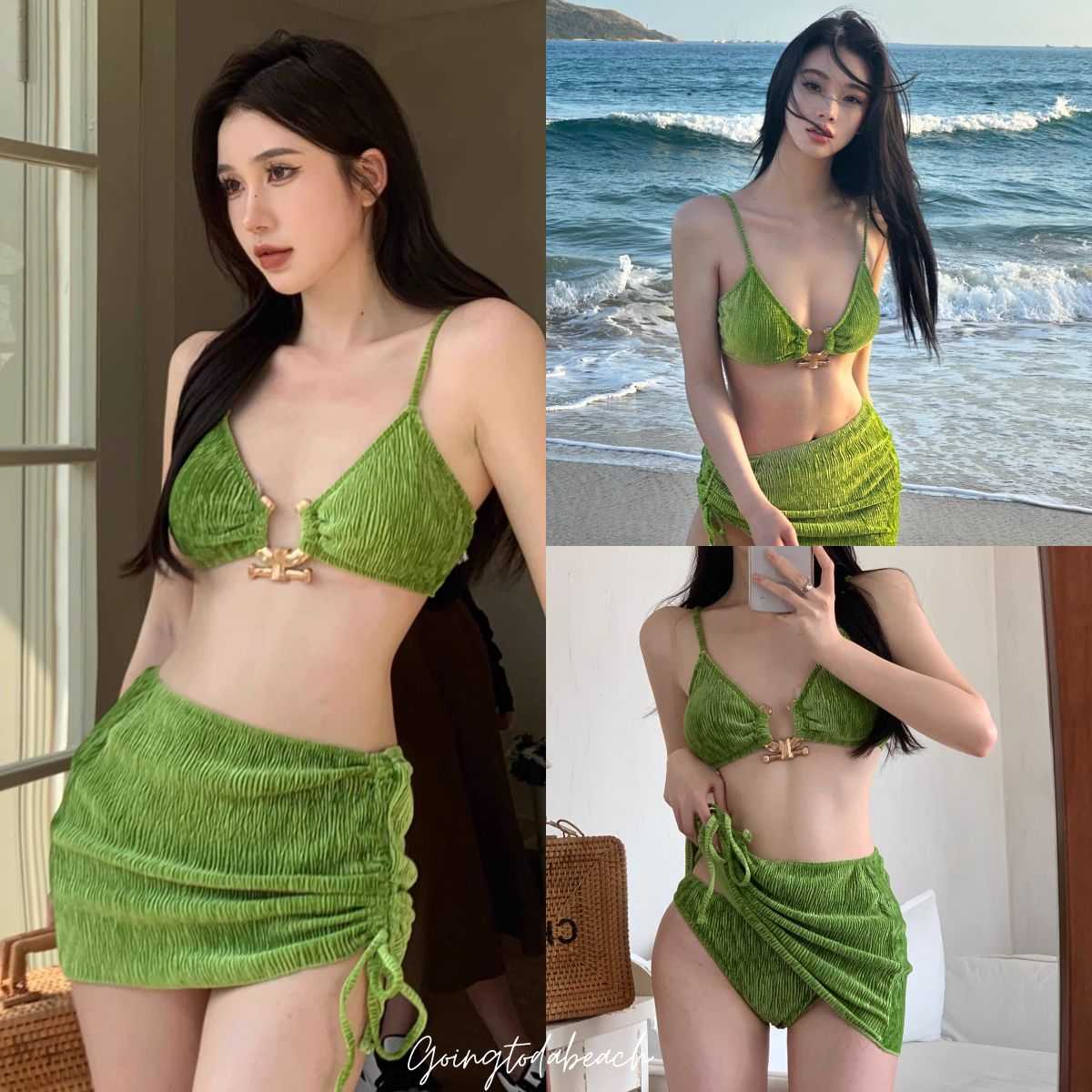 ʙɪᴋɪɴɪ sᴇᴛ • Set 3 ชิ้น บิกินี่บราแต่งโลหะทอง + กางเกง + กระโปรงคลุมรูด ผ้านูนมีลาย สีเขียวสุดปัง