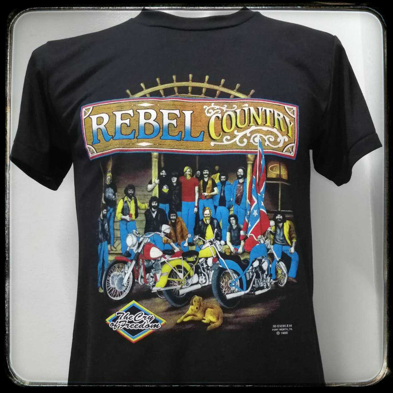 เสื้อ​ฮาเลย์​3​d​ลายrebelกลุ่มมอไซต์ ผ้า​บาง​50สีดำคอกลมแขนสั่นชายหญิง