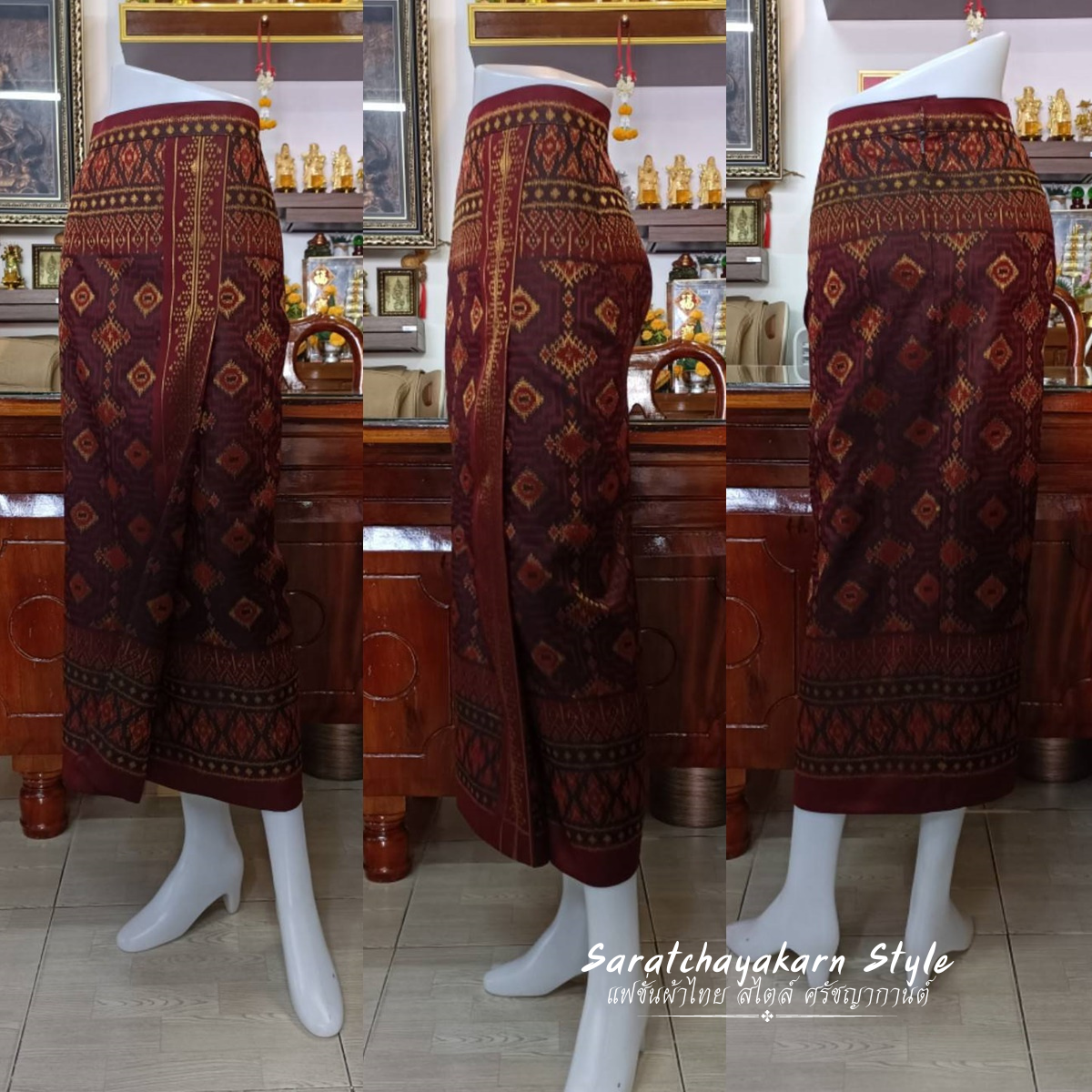 🌷ผ้าถุงป้ายสำเร็จซิปหลัง ผ้าไหมมัดหมี่  สีแดง  ลายนาคี งานอัดผ้ากาวเรียบร้อย ✂️รับตัดตามไซส์✂️