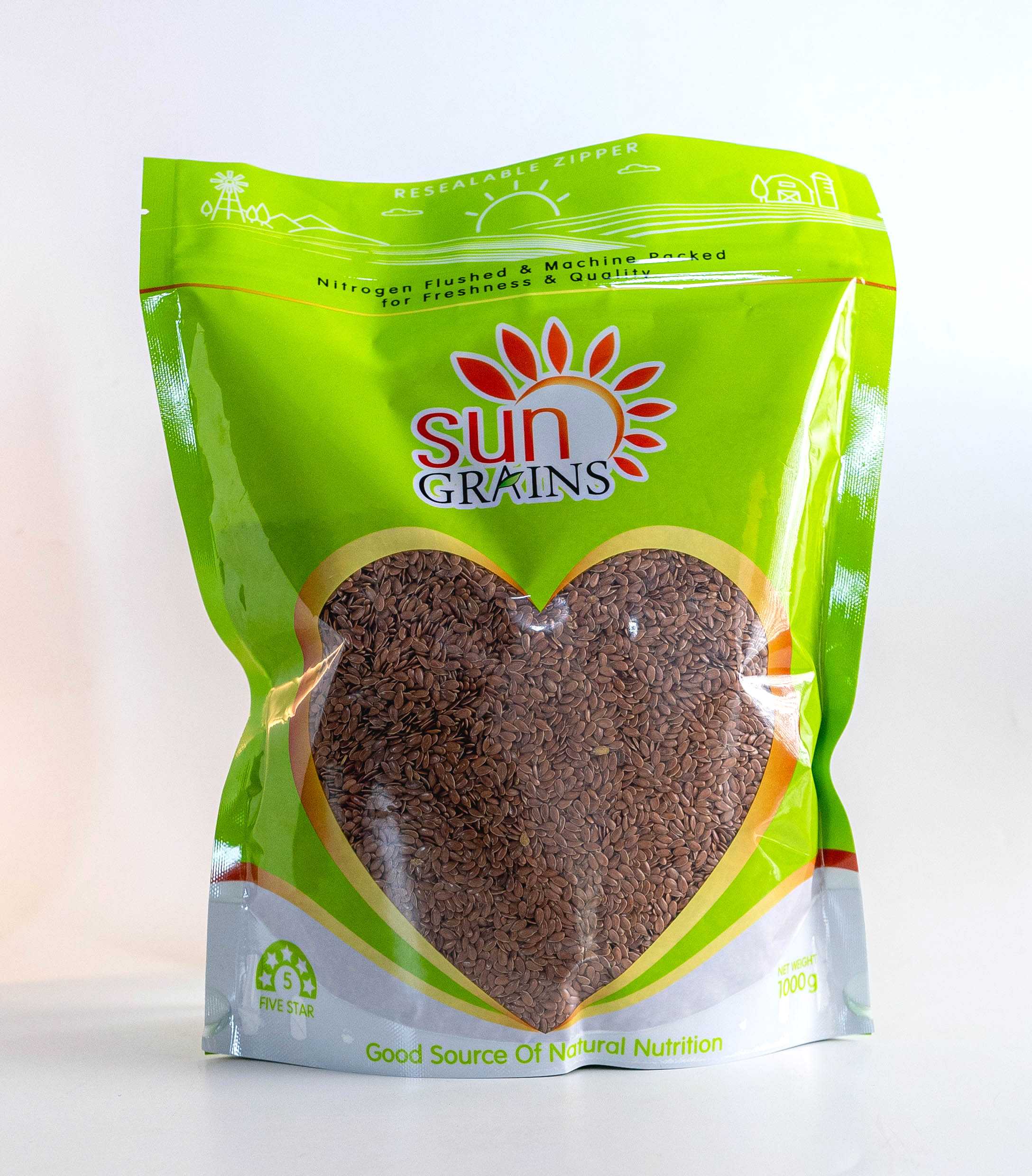 1 kg. แฟลกซ์น้ำตาล ดิบ (ตราซันเกรนส์) BROWN FLAX SEED 1 Kg.