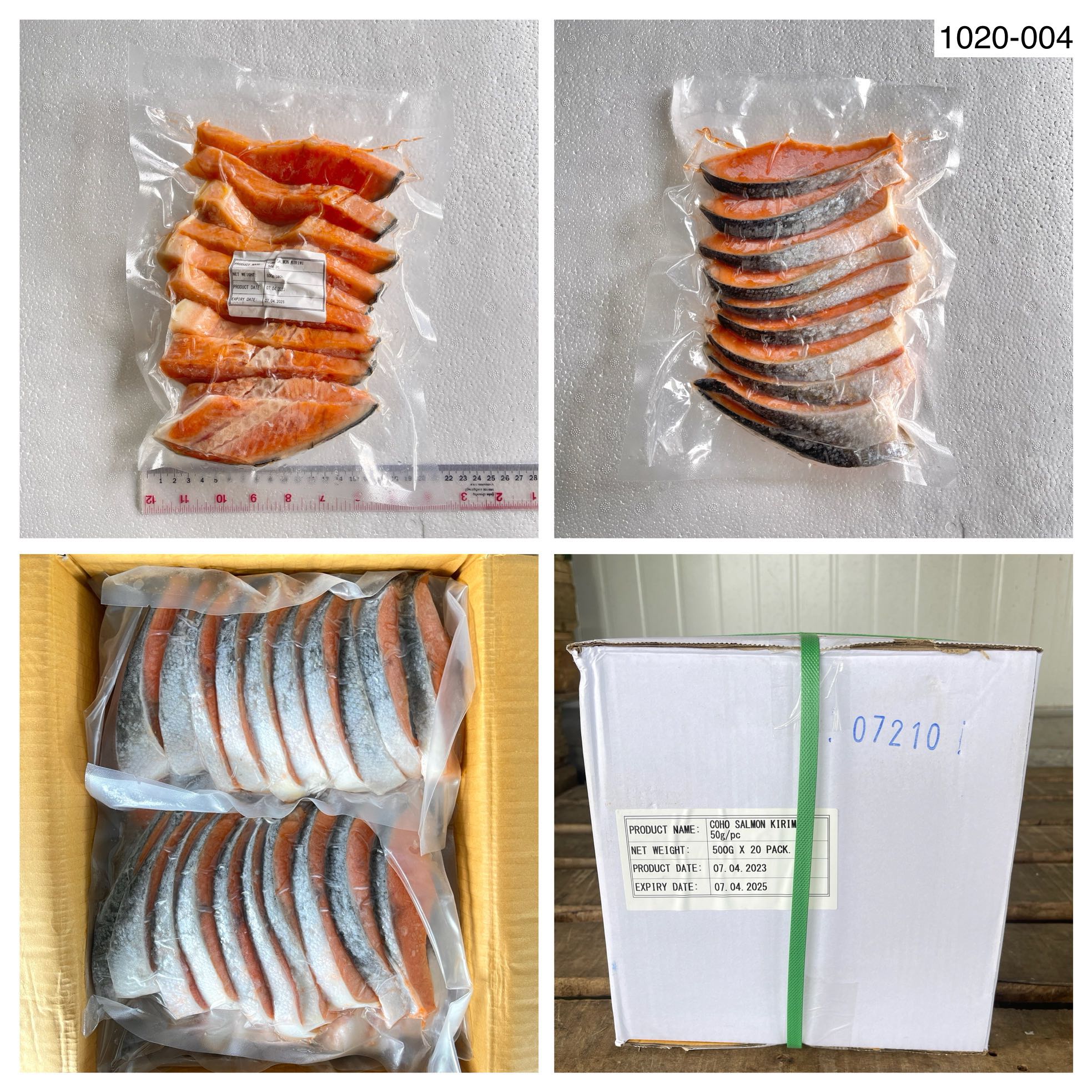 1020-004 -ปลาแซลมอนคิริมิ ชิ้น 50กรัม  [ 20 แพ็ก x 500 กรัม ]