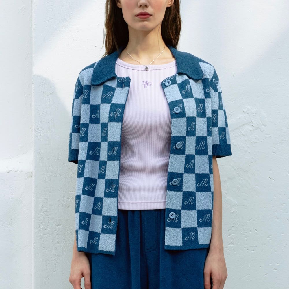 พร้อมส่ง Marithe W BOUCLE PATTERN BUTTON HALF SLEEVE SHIRT blue ( SAMPLE SALE )