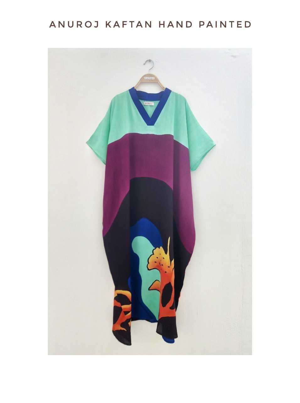 (Pre-order) Kaftan V Nack Cotton Silk Hand Paint Free Size