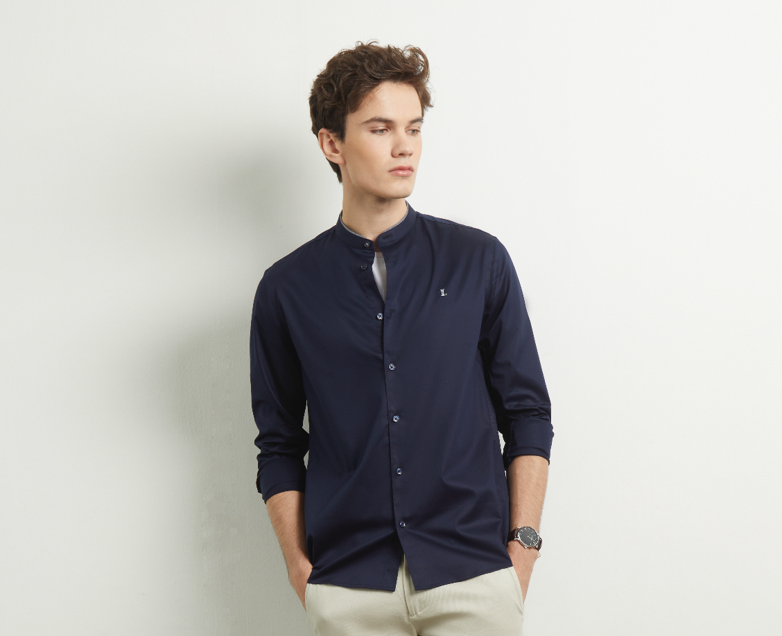 เสื้อเชิ้ตแขนยาวคอจีน สีน้ำเงินเข้ม | 03462