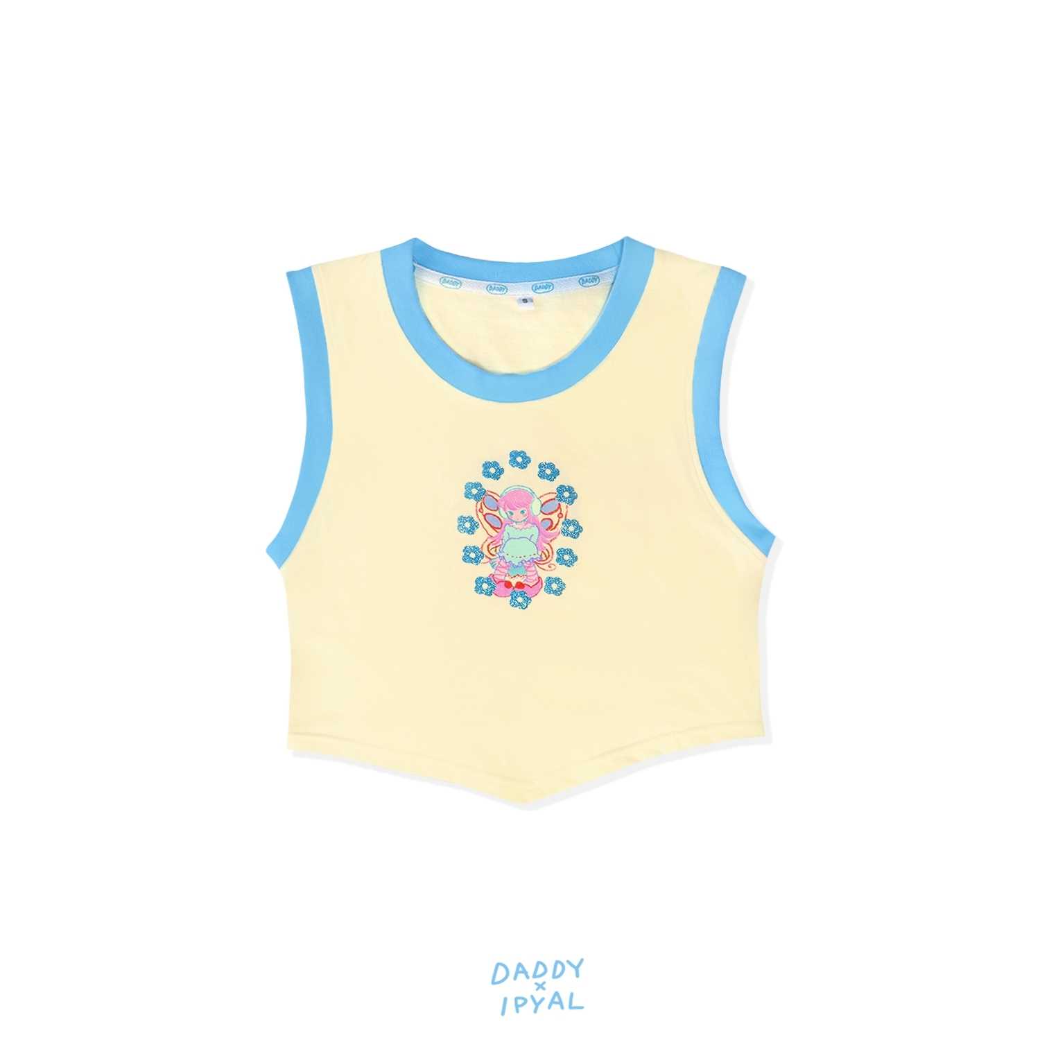 Fairy Ring Top เสื้อกล้ามครอปท็อปผ้ายืดคอตตอนสีเหลืองและกุ๊นแต่งสีฟ้า มีดีเทลด้านหน้ายาวกว่าข้างตัว
