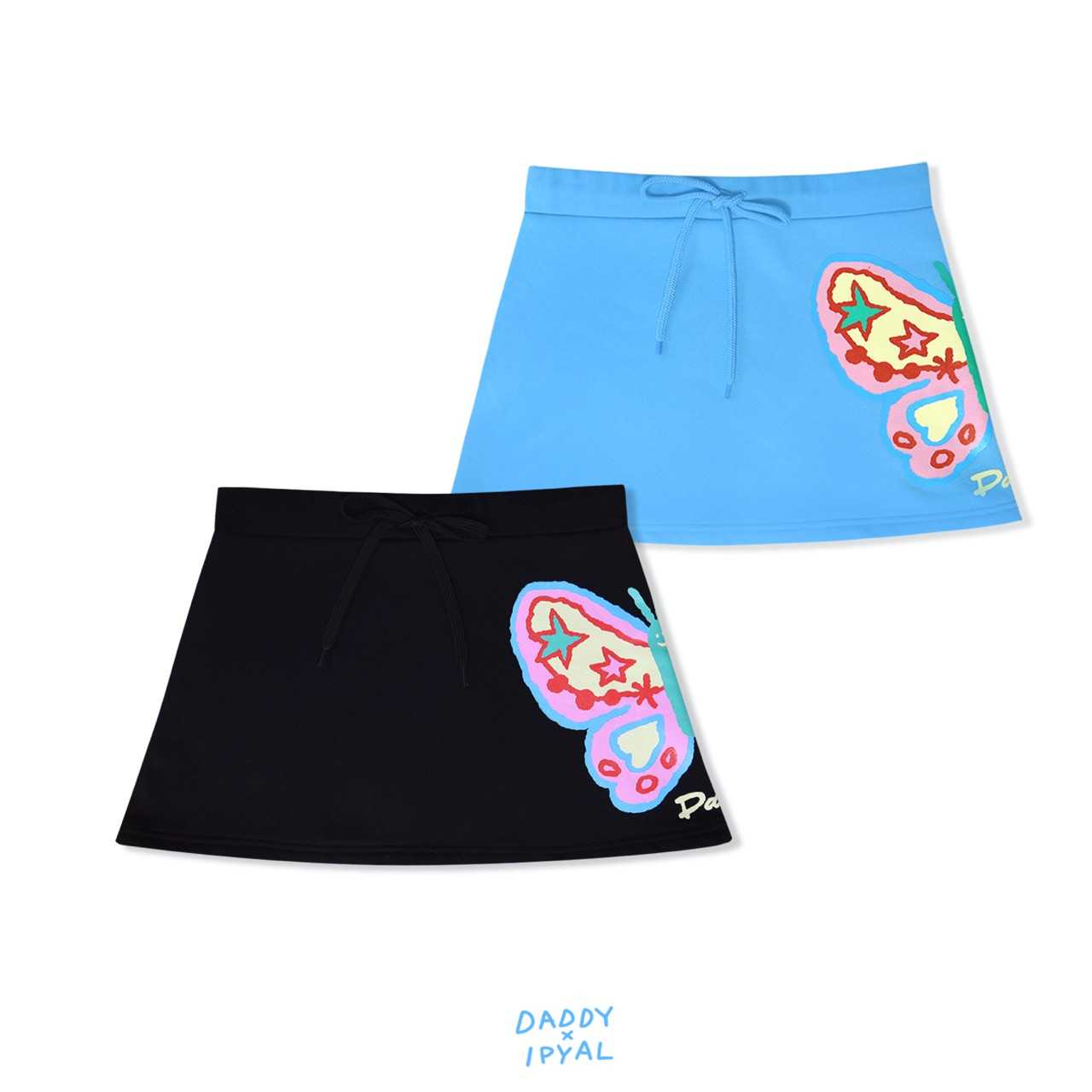 Fly Away Mini Skirt กระโปรงเอวต่ำผ้า ขอบเอวเป็นยางยืด มีเชือกปรับขนาด สกรีนรูปผีเสื้อสีสันสนใส