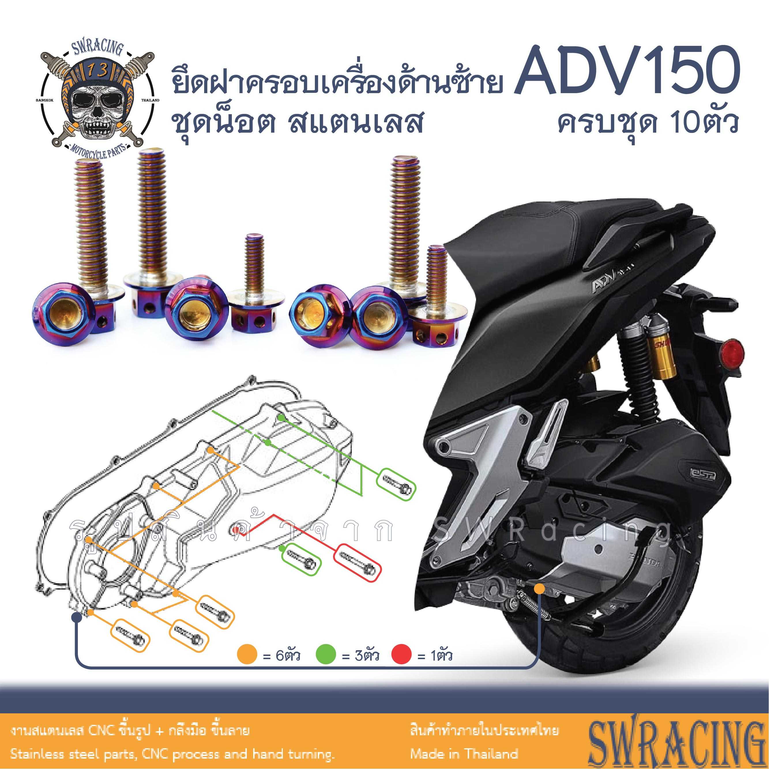 ADV150 น็อตเลส ยึดครอบเครื่องซ้าย ครบชุด 10 ตัว น็อตสแตนเลส  ราคาขายต่อ 1 ชุด งานเฮงสกรู