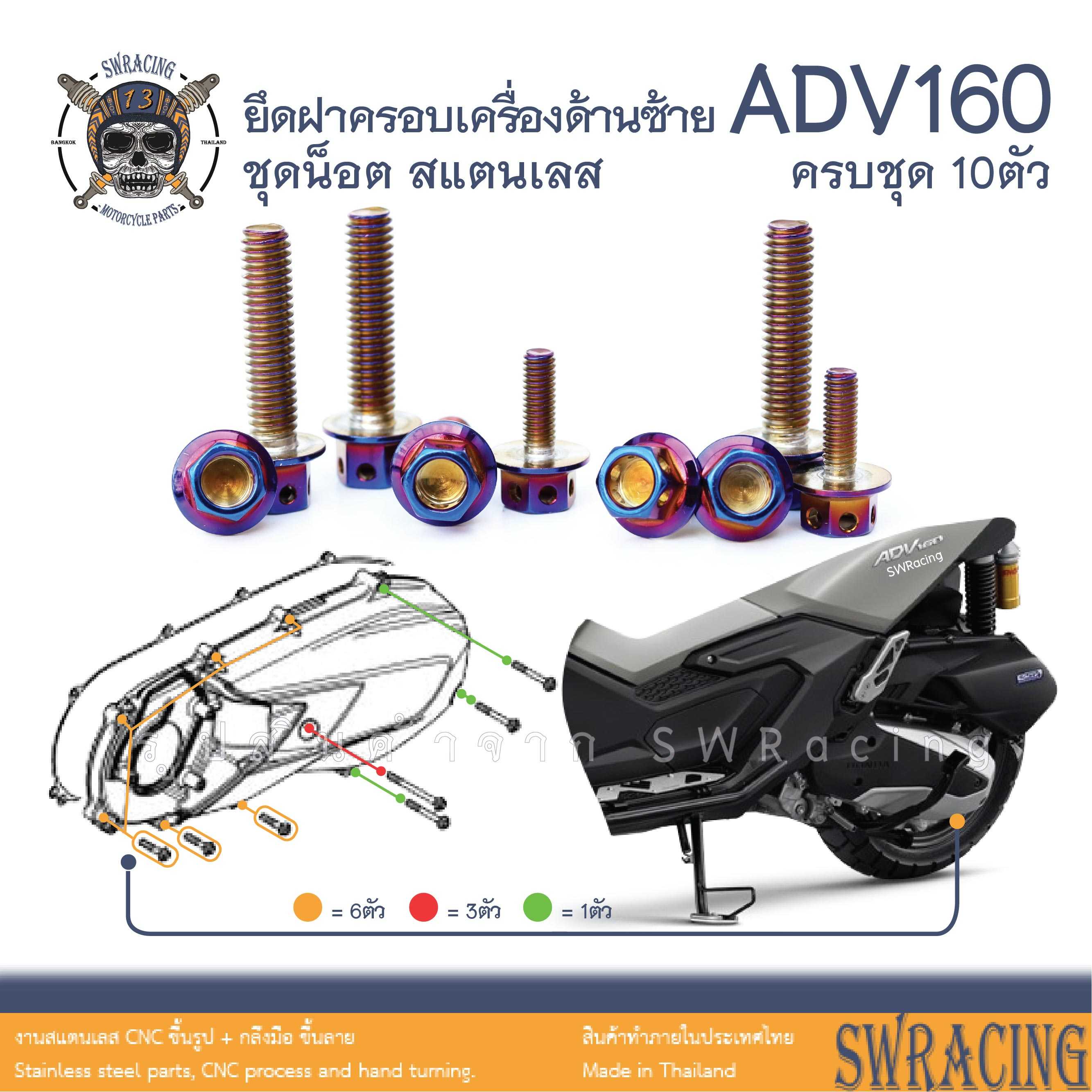 ADV160 น็อตเลส ยึดครอบเครื่องซ้าย ครบชุด 10 ตัว น็อตสแตนเลส ราคาขายต่อ 1 ชุด งานเฮงสกรู